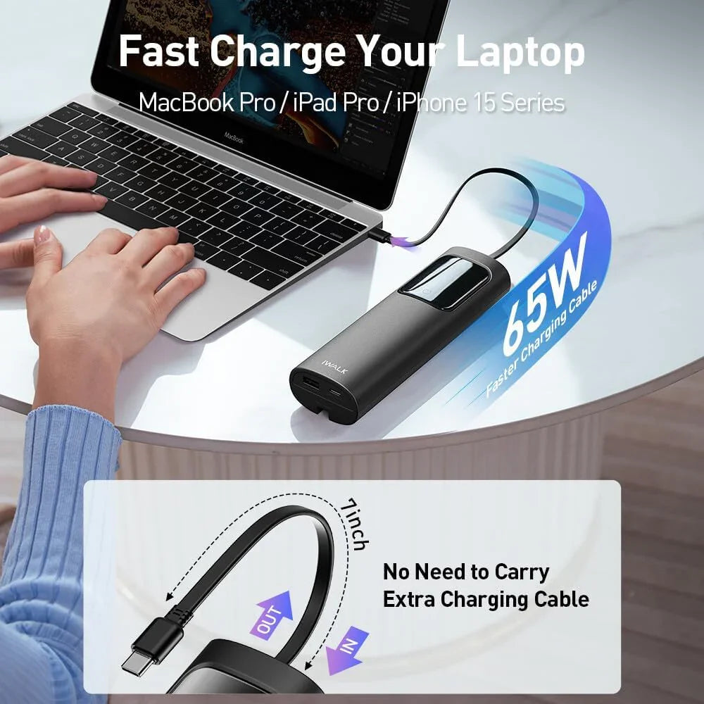 iWalk Tanker 65W Powerbank 20000mAh PD With Build In Cables - Black - Tashqila