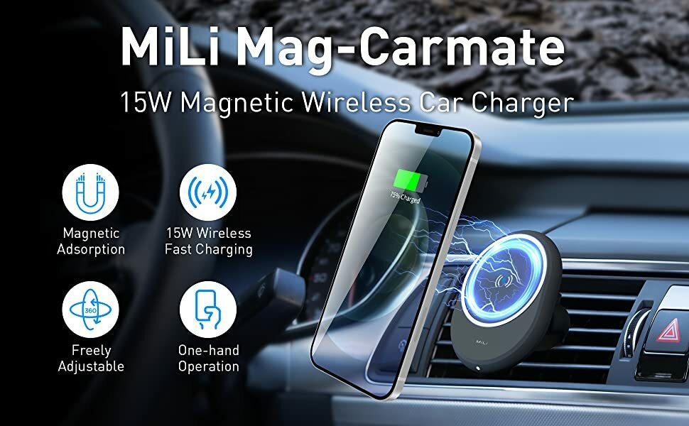 MiLi Mag Carmate 15W Magnetic Fast Wireless Charging Car Mount - Black