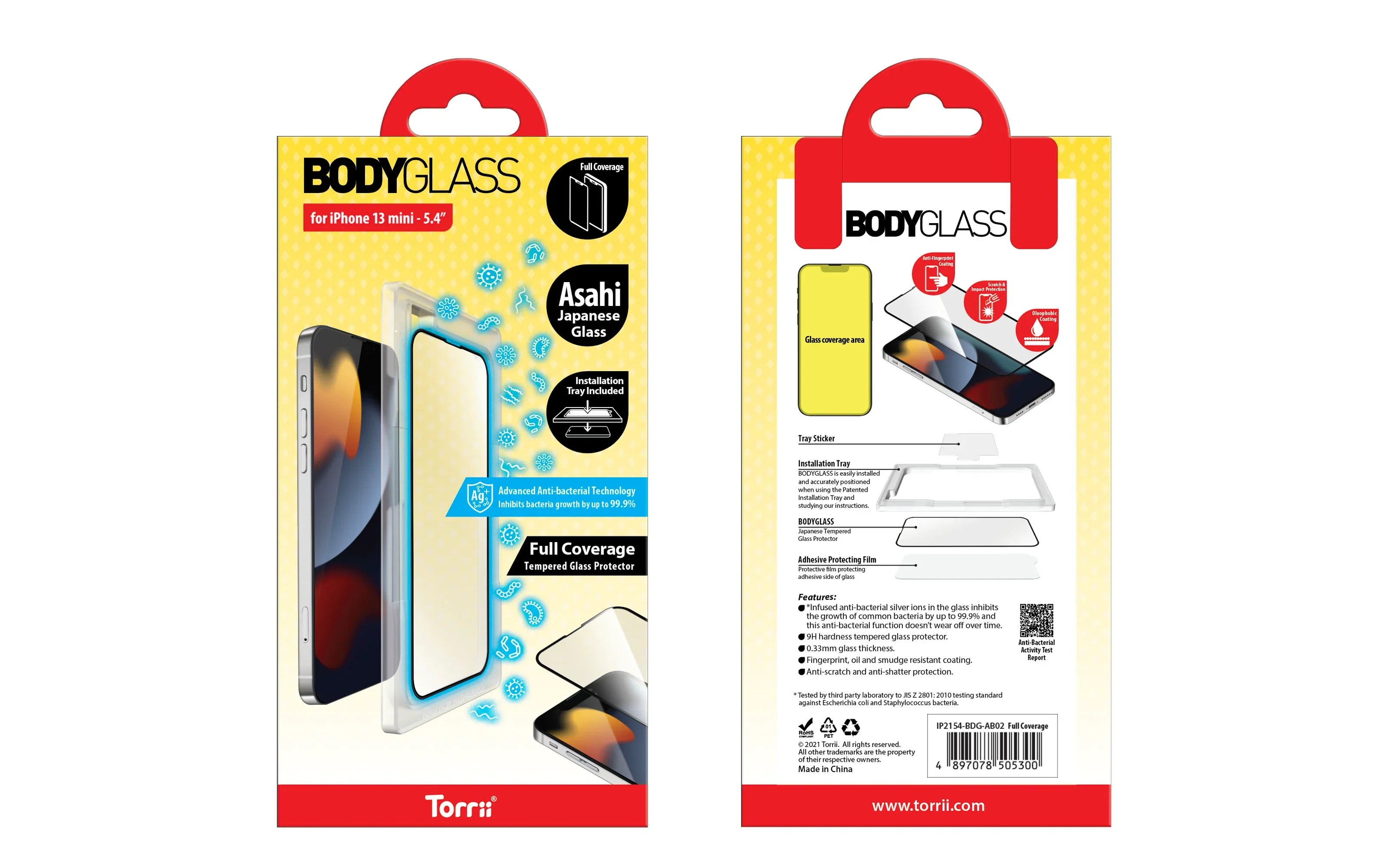 Torrii Bodyglass Screen Protector For iPhone 13 Mini Anti-Bacterial Coating - Full Coverage Curved - Black - Tashqila