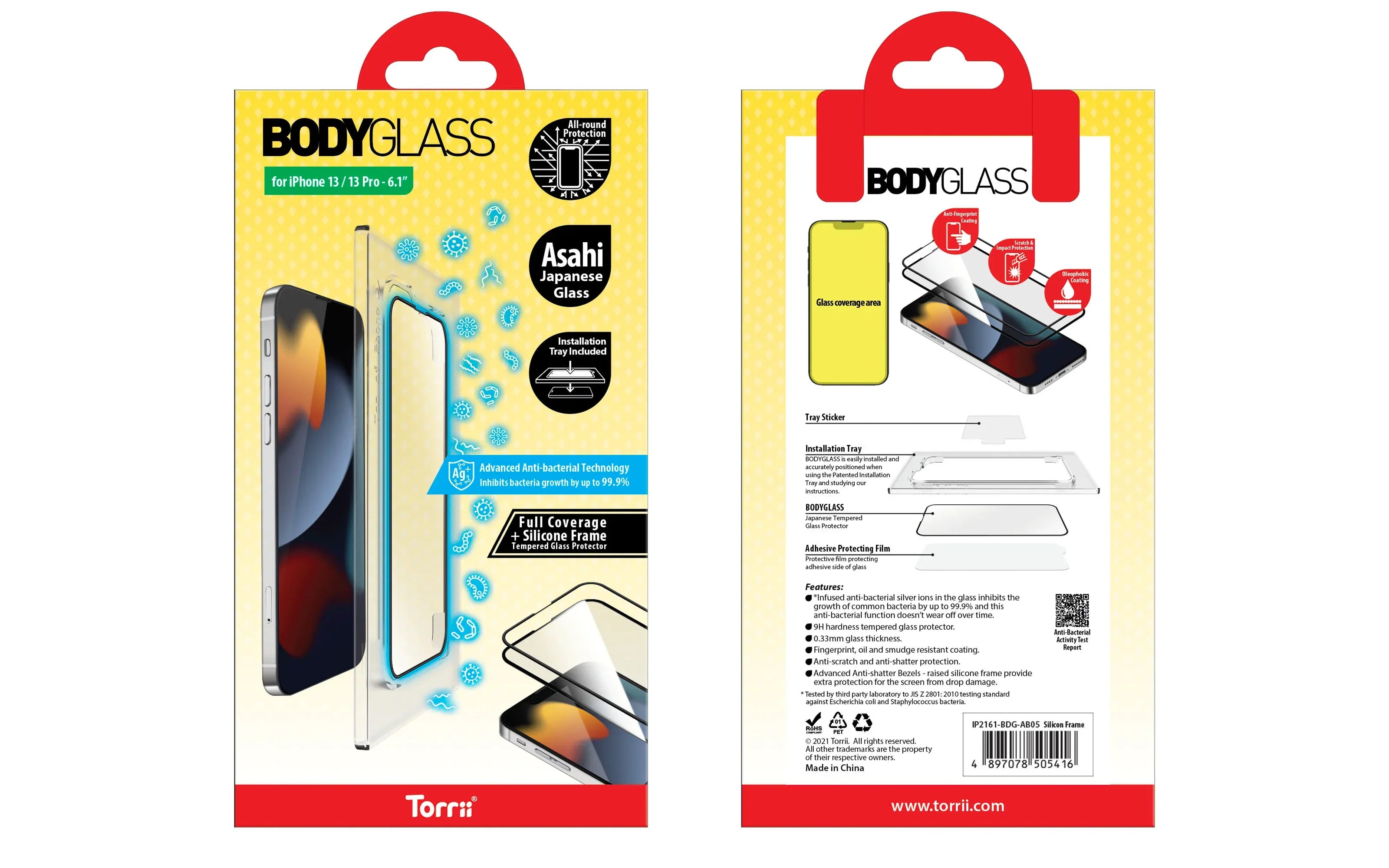 Torrii Bodyglass Screen Protector For iPhone 13/13 Pro Anti-Bacterial Coating - Full Coverage + Silicone Frame - Black - Tashqila