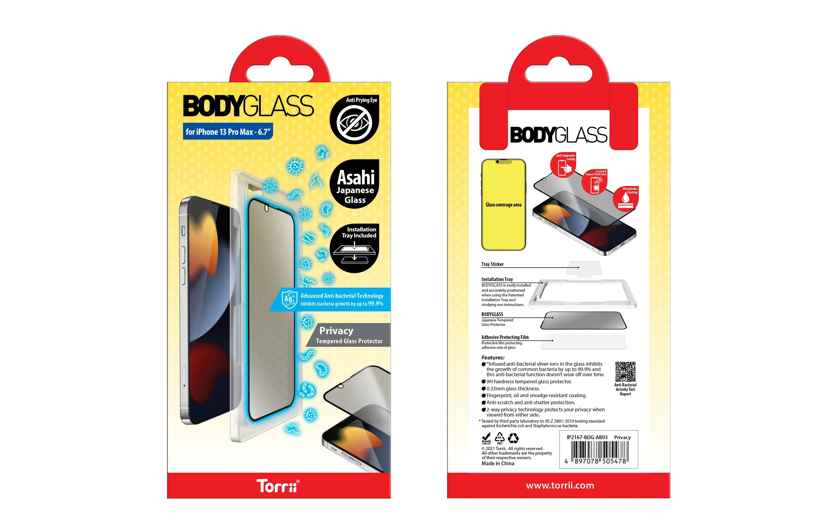 Torrii Bodyglass Screen Protector For iPhone 13 Pro Max Anti-Bacterial Coating - Privacy - Tashqila