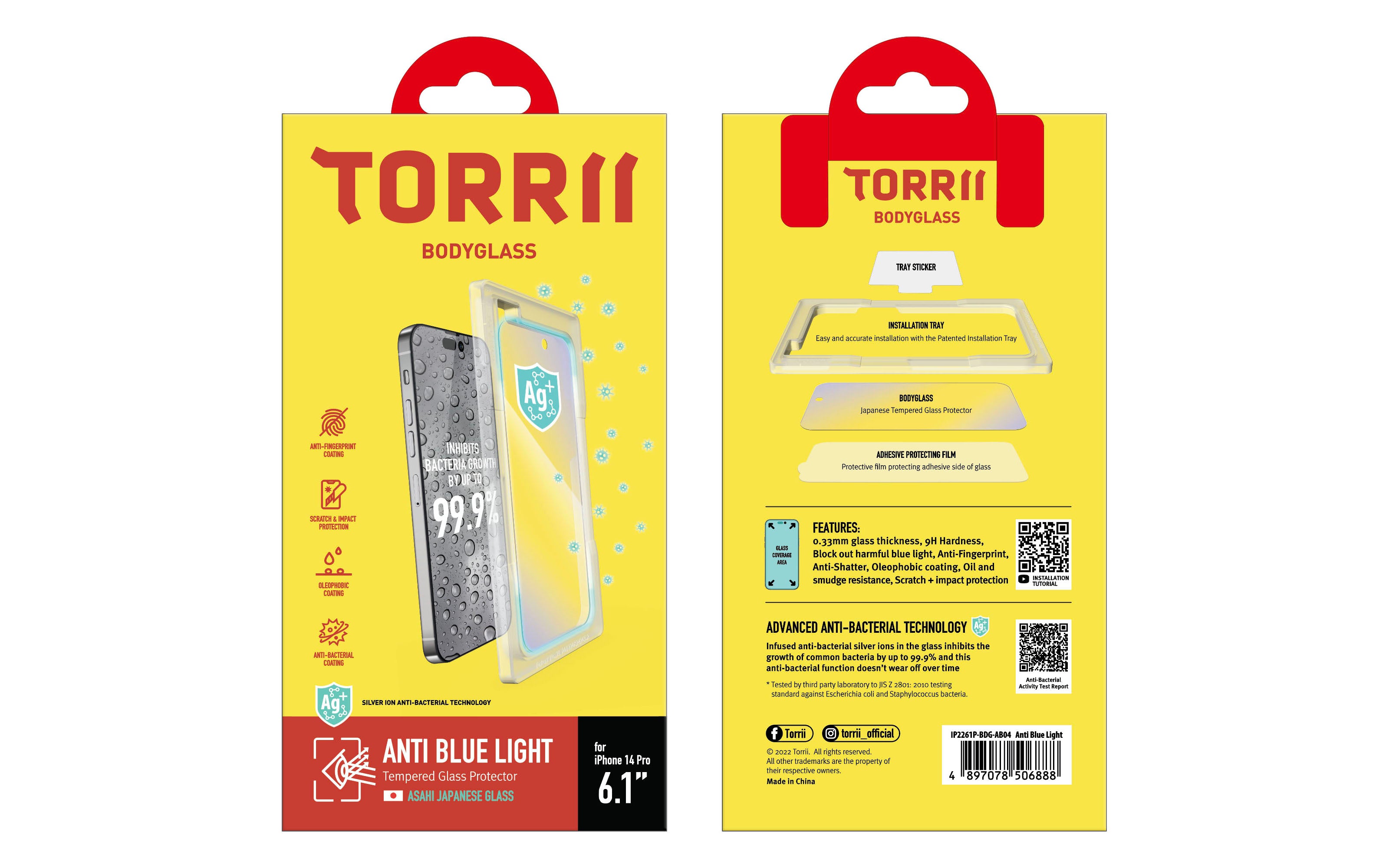 Torrii Bodyglass Screen Protector Anti-Bacterial Coating For iPhone 14 Pro – Anti Blue Light Clear