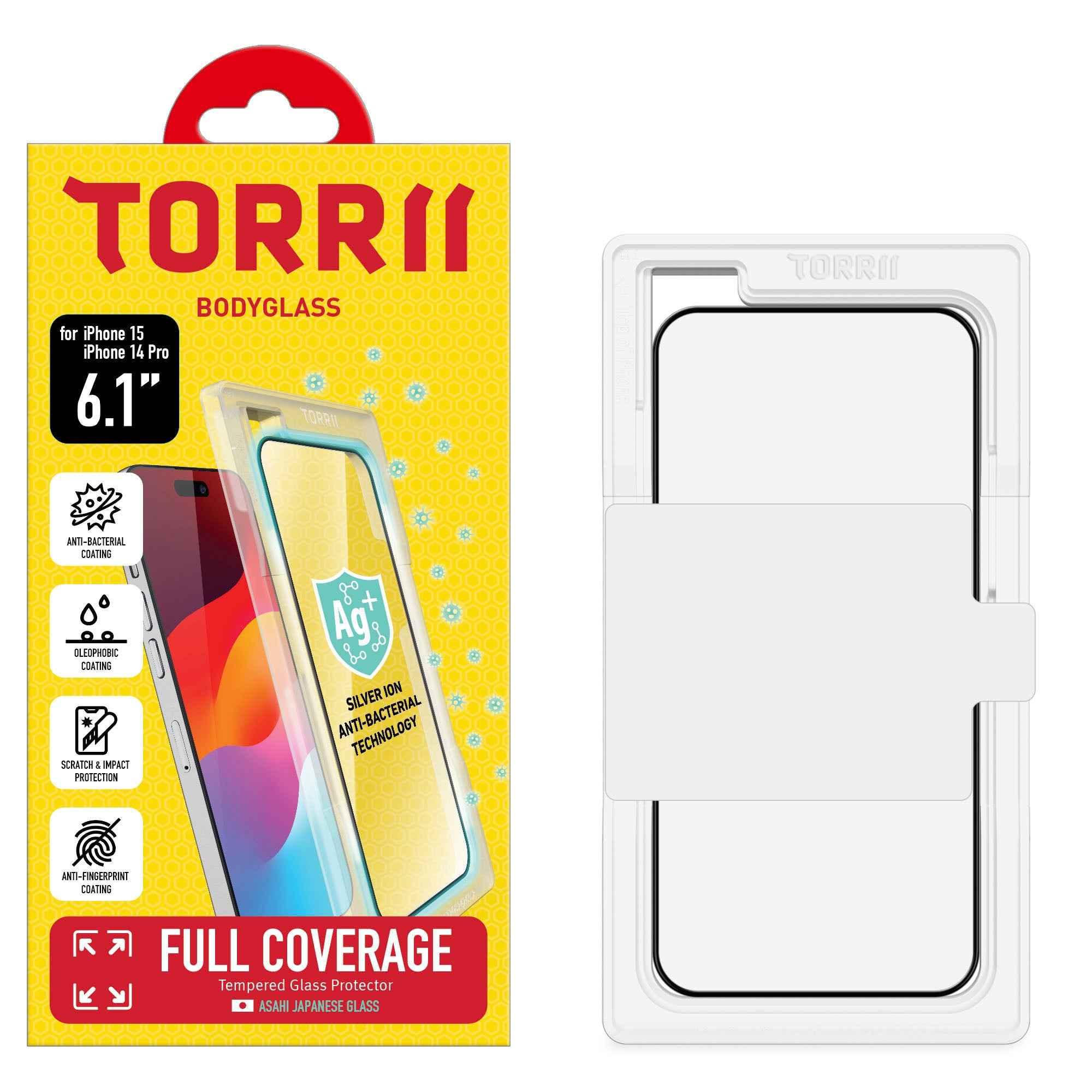 iPhone 15 / 14 Pro Torrii Bodyglass Screen Protector Anti-Bacterial Coating - Full Coverage Black