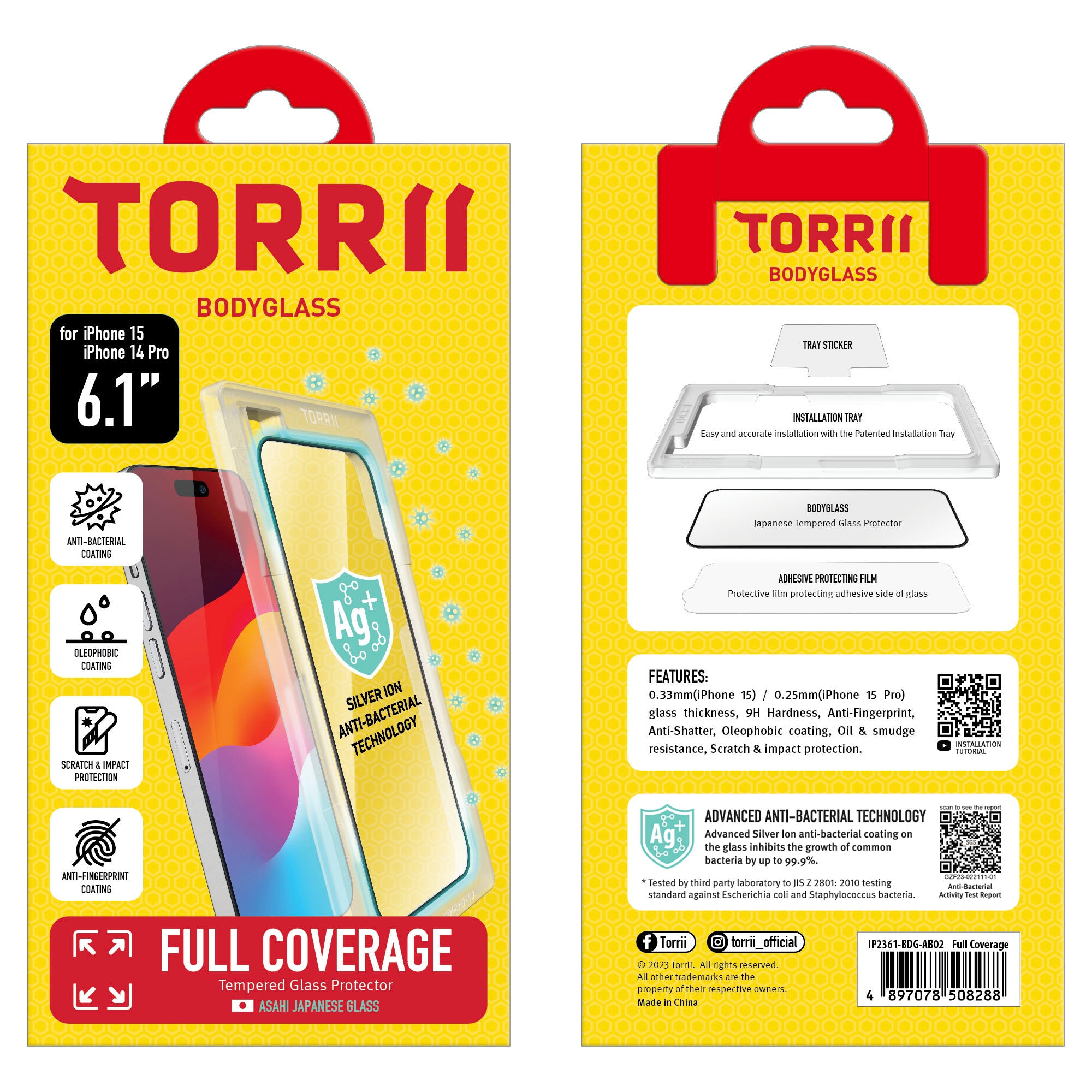 iPhone 15 / 14 Pro Torrii Bodyglass Screen Protector Anti-Bacterial Coating - Full Coverage Black