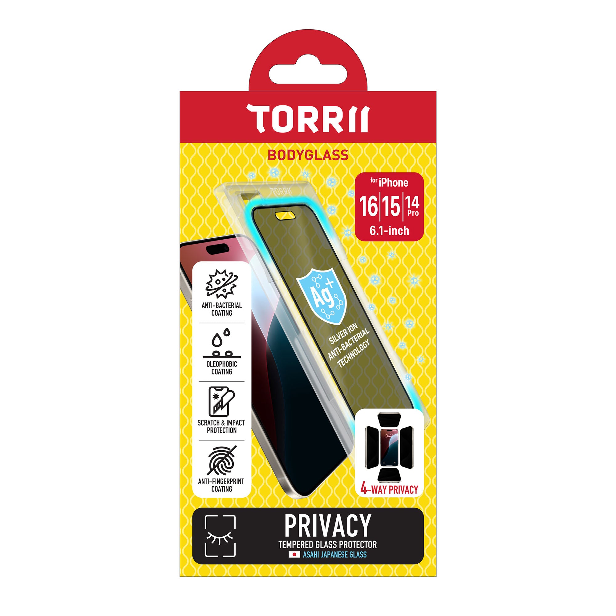 Torrii Bodyglass iPhone 16 / 15 / 14 Pro Screen Protector Glass - 4-Way Privacy