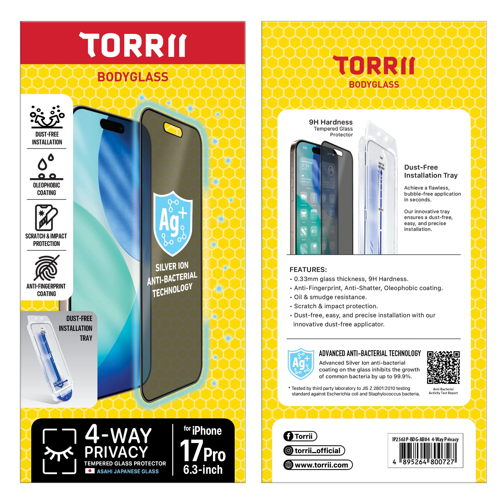 Torrii iPhone 17 Pro Bodyglass Screen Protector - 4-Way Privacy