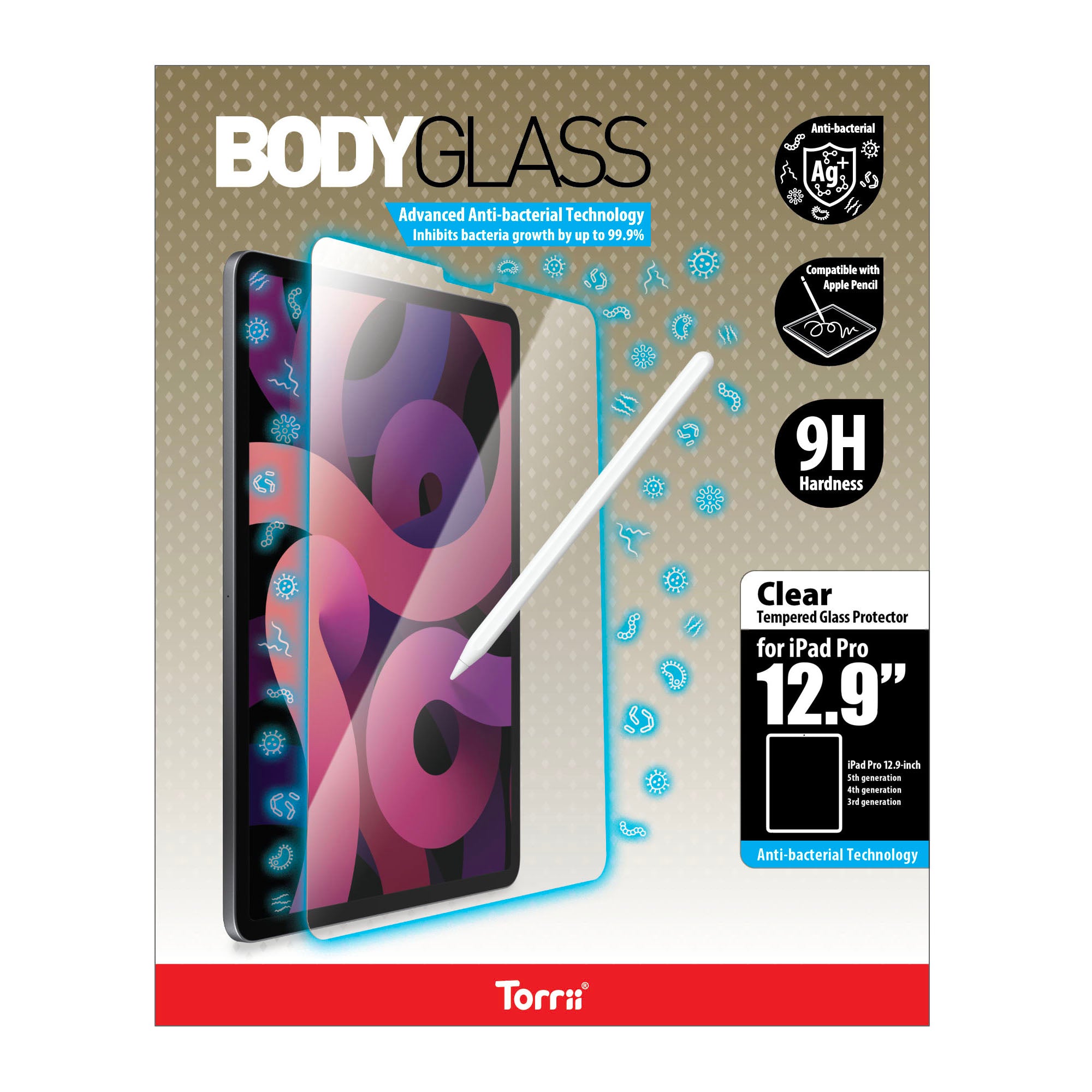 Torrii Bodyglass Anti-Bacterial Screen Protector For iPad Pro 12.9 (2021/2020/2018) - Clear