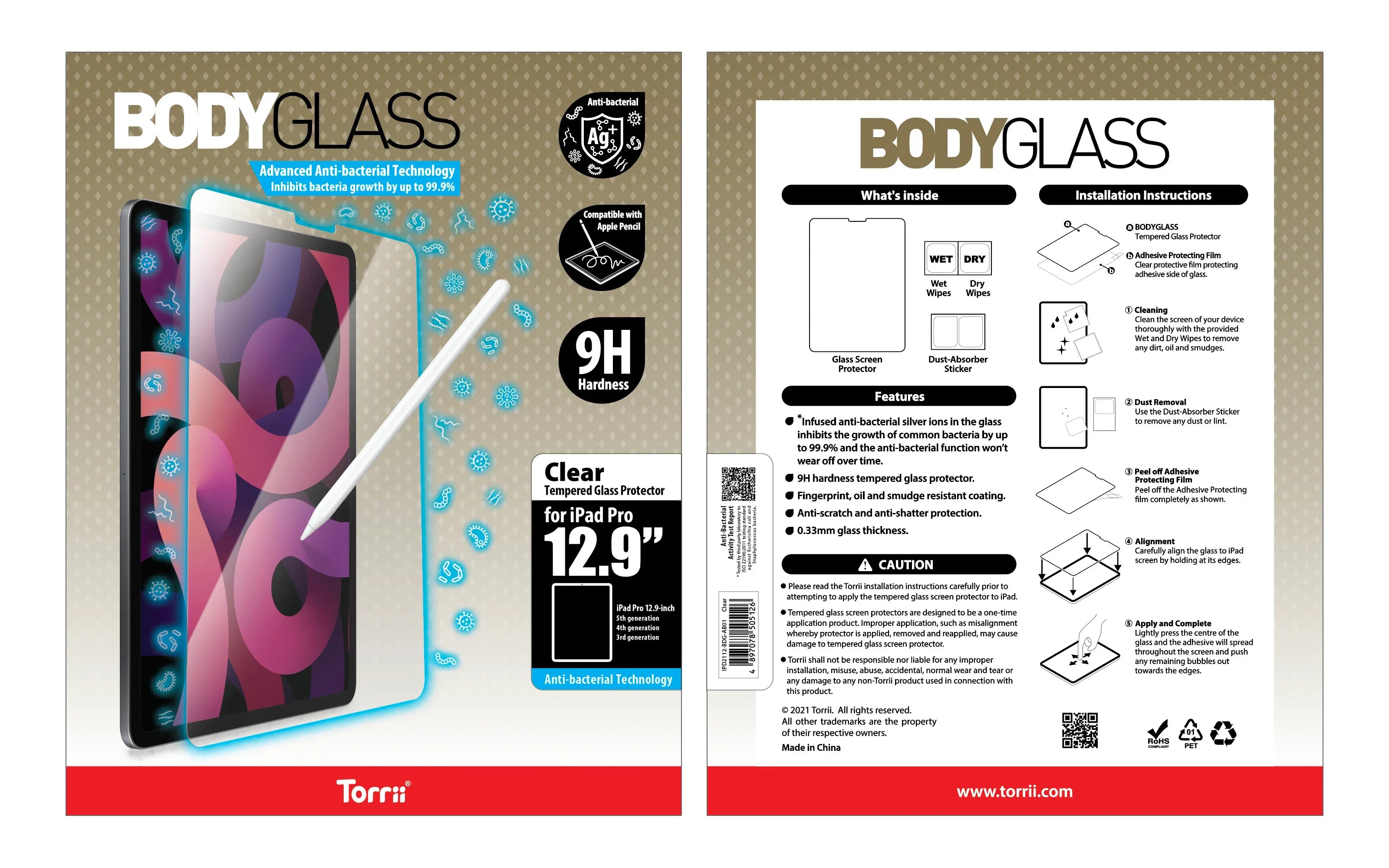 Torrii Bodyglass Anti-Bacterial Screen Protector For iPad Pro 12.9 (2021/2020/2018) - Clear - Tashqila