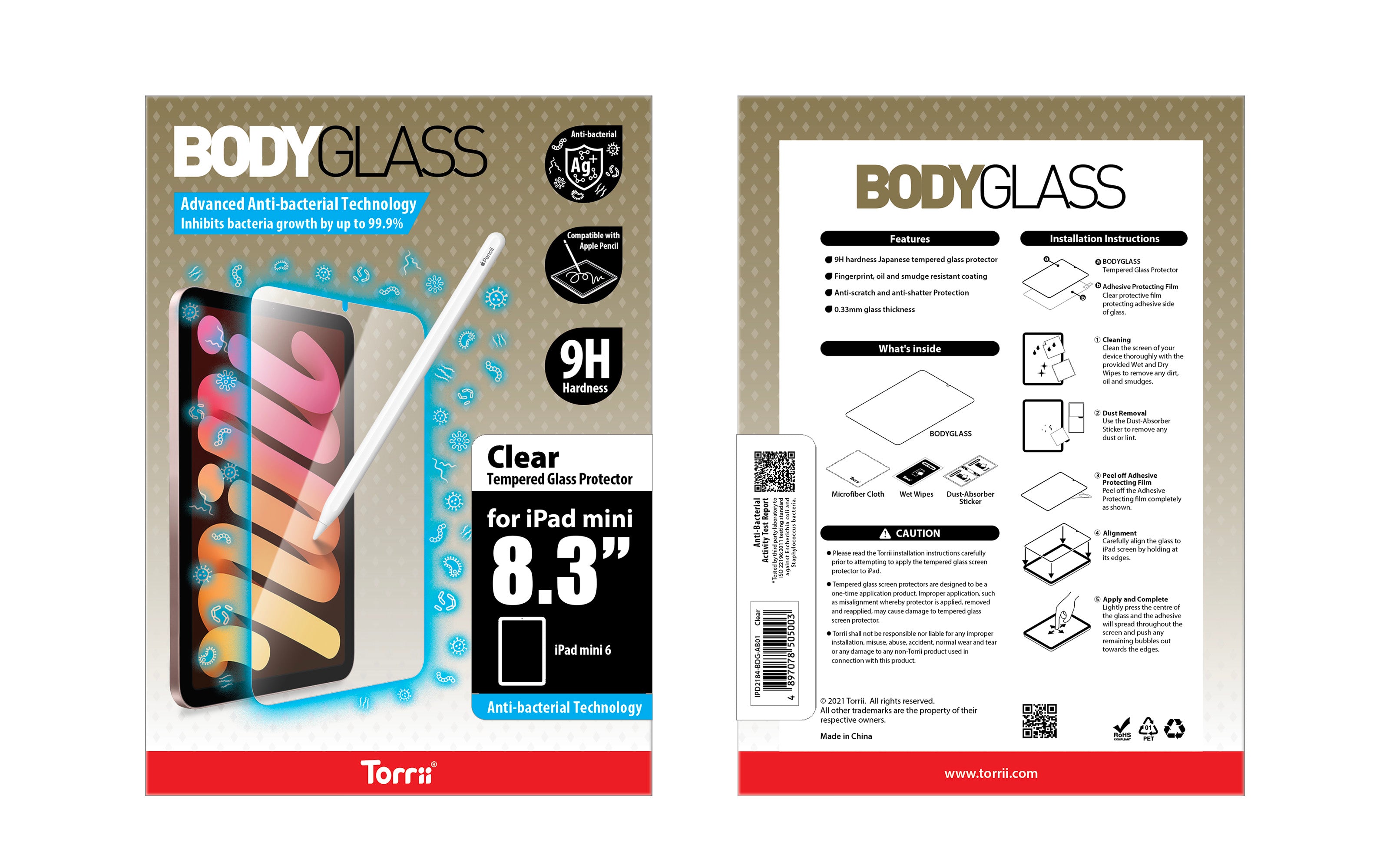 Torrii Bodyglass Screen Protector Anti Bacterial Front Glass For iPad Mini 6 (8.3) - Clear