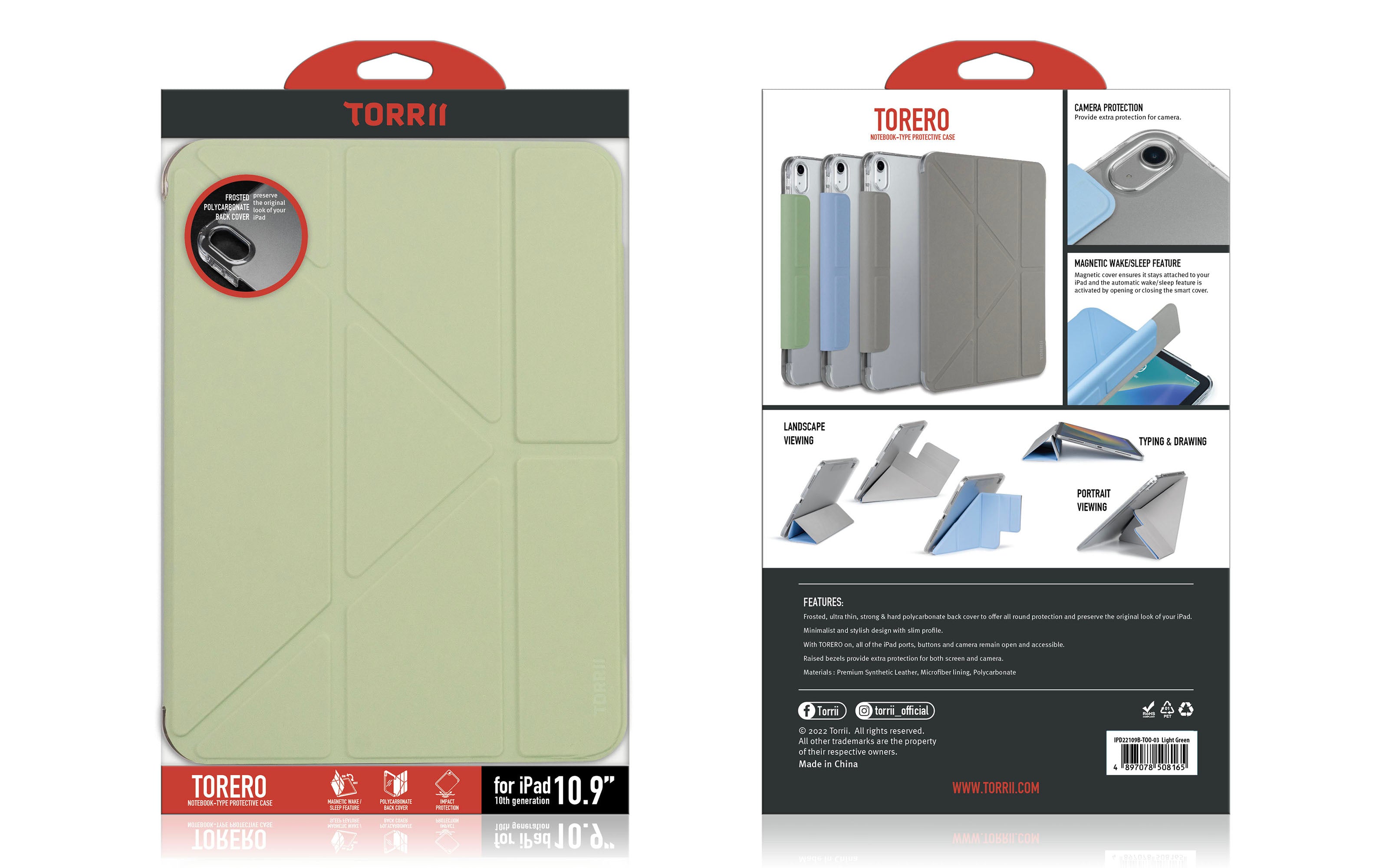 Torrii Torero Notebook Type Case For iPad 10.9 (10th Gen. 2022) - Light Green