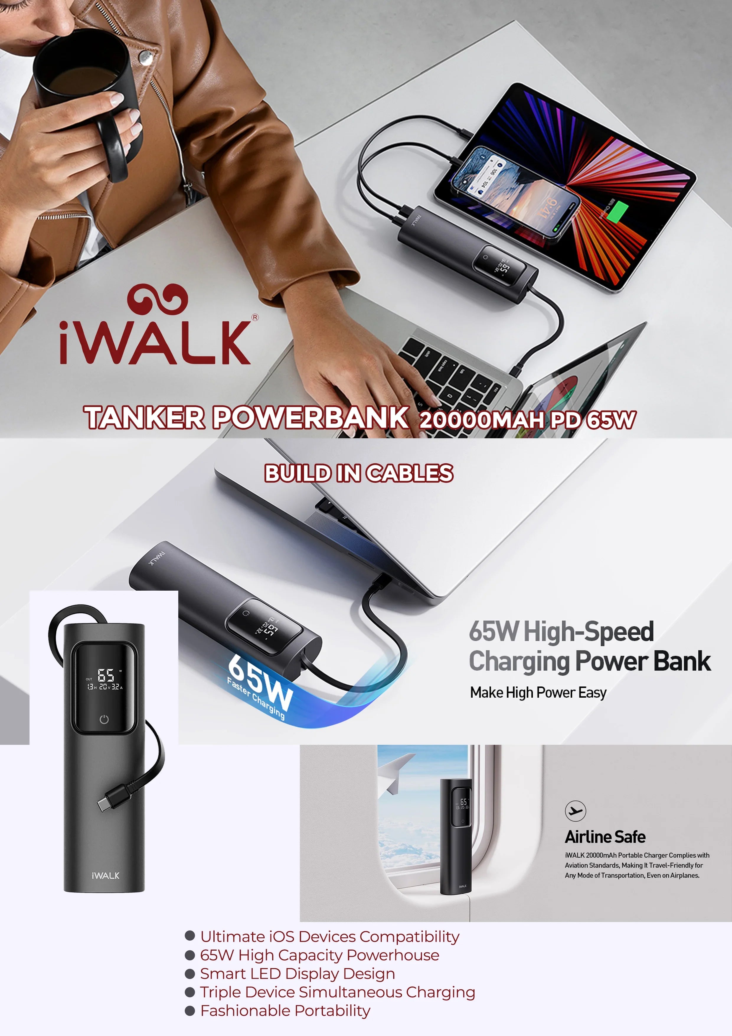 iWalk Tanker 65W Powerbank 20000mAh PD With Build In Cables - Black - Tashqila