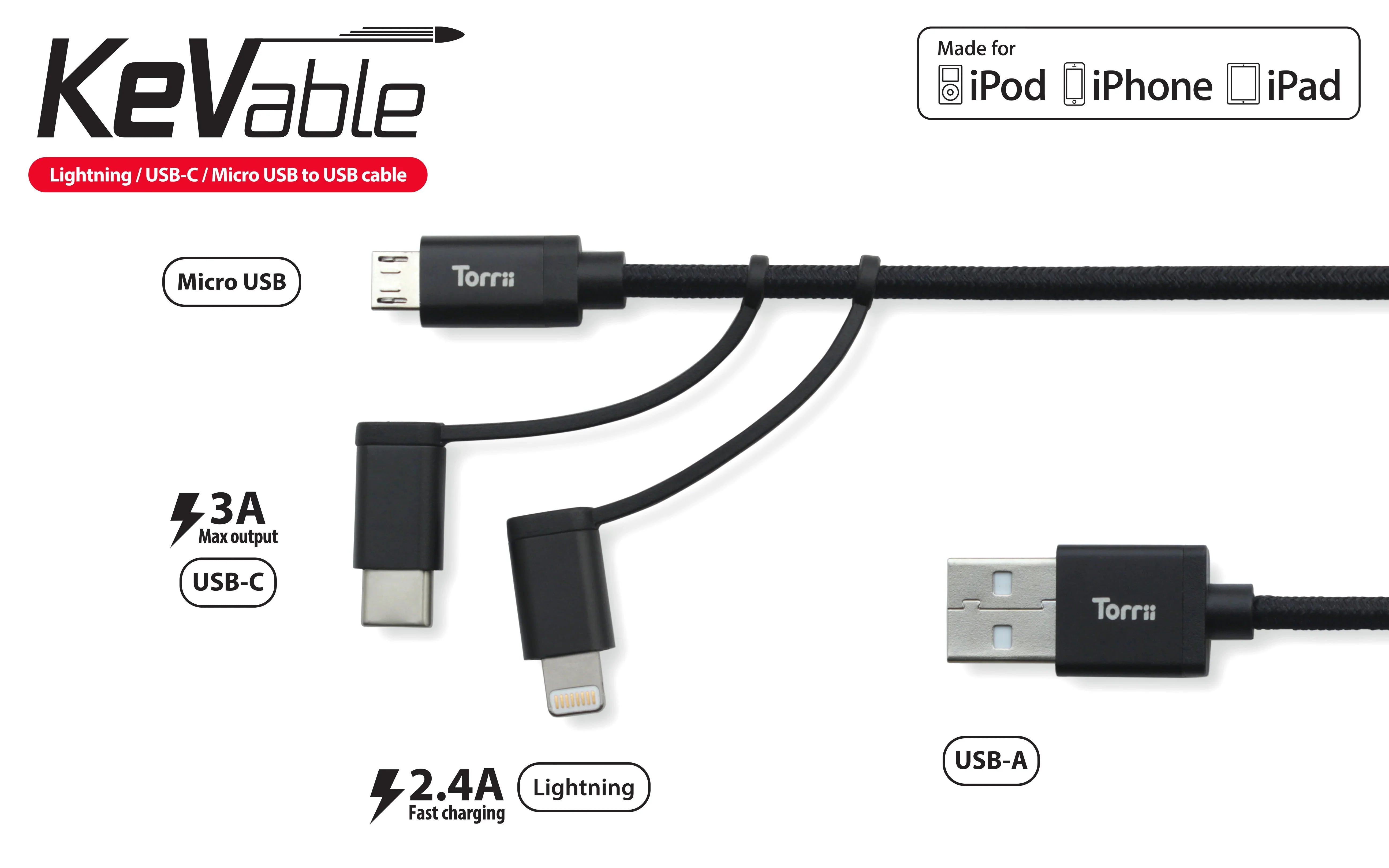 Torrii Kevable 3 In 1 Mfi Lightning/Type-C/Micro Usb - Black - Tashqila