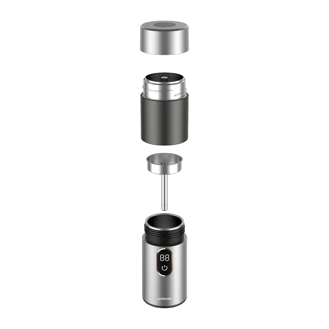 A stainless steel and dark gray insulated bottle shown in an exploded vertical assembly on a plain white background, with the cap, inner chamber, collar, and lower bottle body separated to display components.