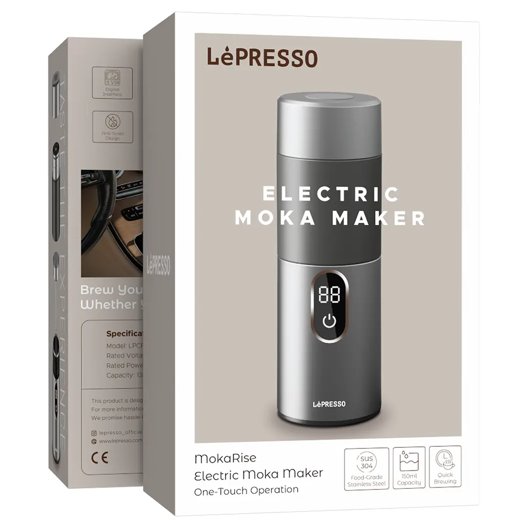 LéPresso electric moka maker with packaging on a white background