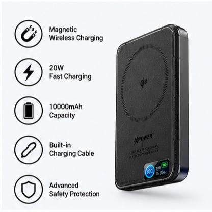 XPower 30W Semi Solid CCC Safety Wireless 10000mAh Power Bank with Display - Black