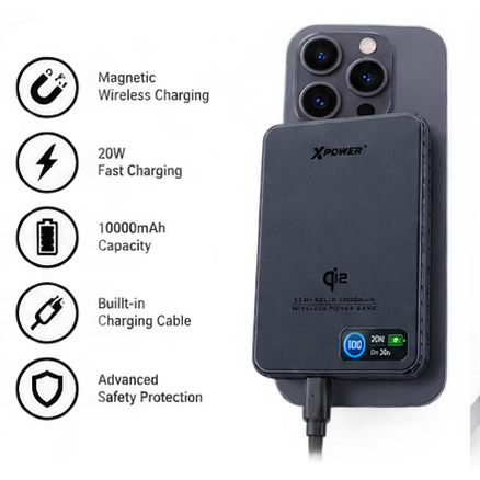 XPower 30W Semi Solid CCC Safety Wireless 10000mAh Power Bank with Display - Blue