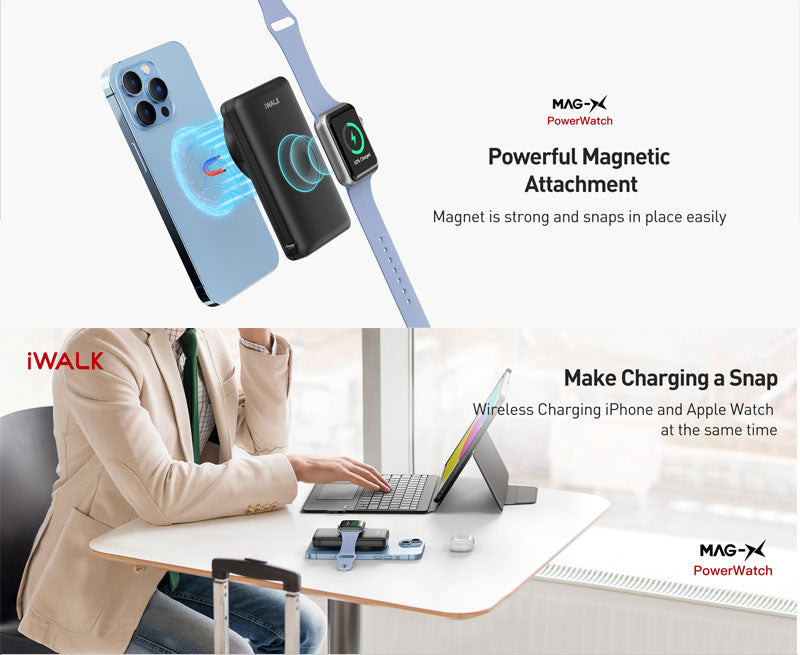 iWalk Mag-X Magnetic Wireless 10000 mAh Power Bank With Apple Watch Charging Port - Black