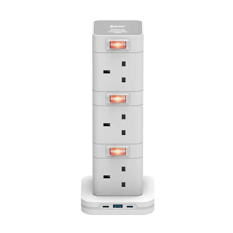 White multi-port power strip with USB ports and illuminated switches for home or office use