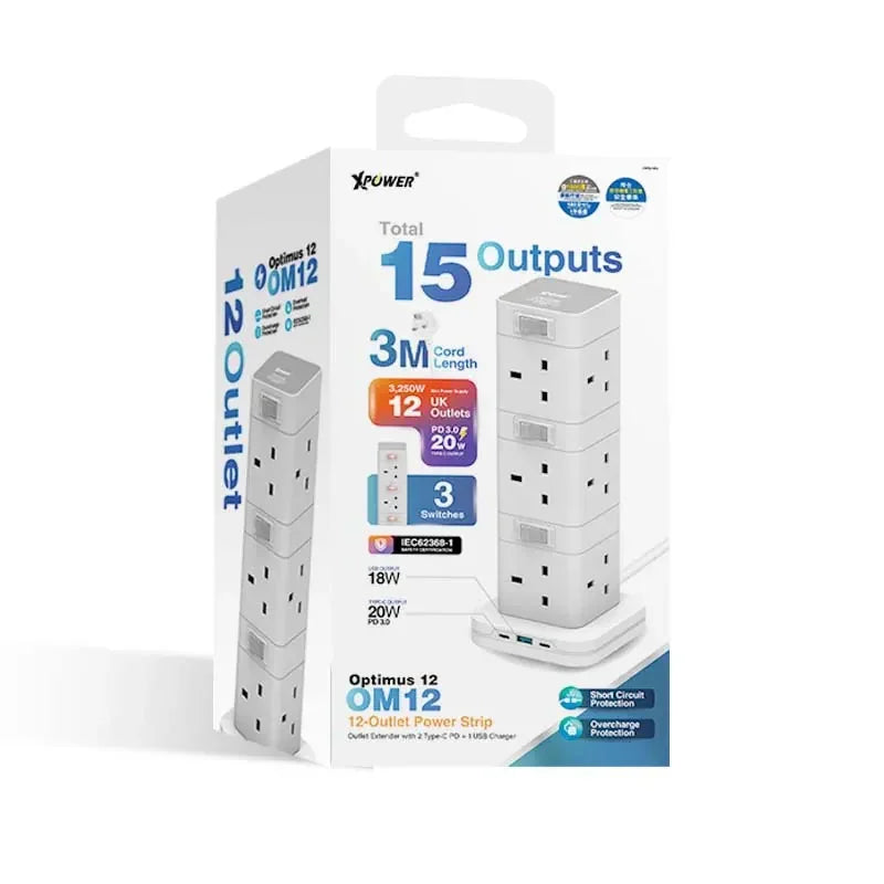 XPOWER Optimus 12 OM12 12-outlet power strip with 3 USB ports, 3 switches, 3M cord, UK plugs, PD 20W charging