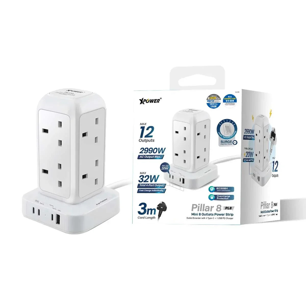 White XPOWER Pillar 8 power strip with 12 outlets, 3 USB ports, 3m cord, surge protection for home or office use