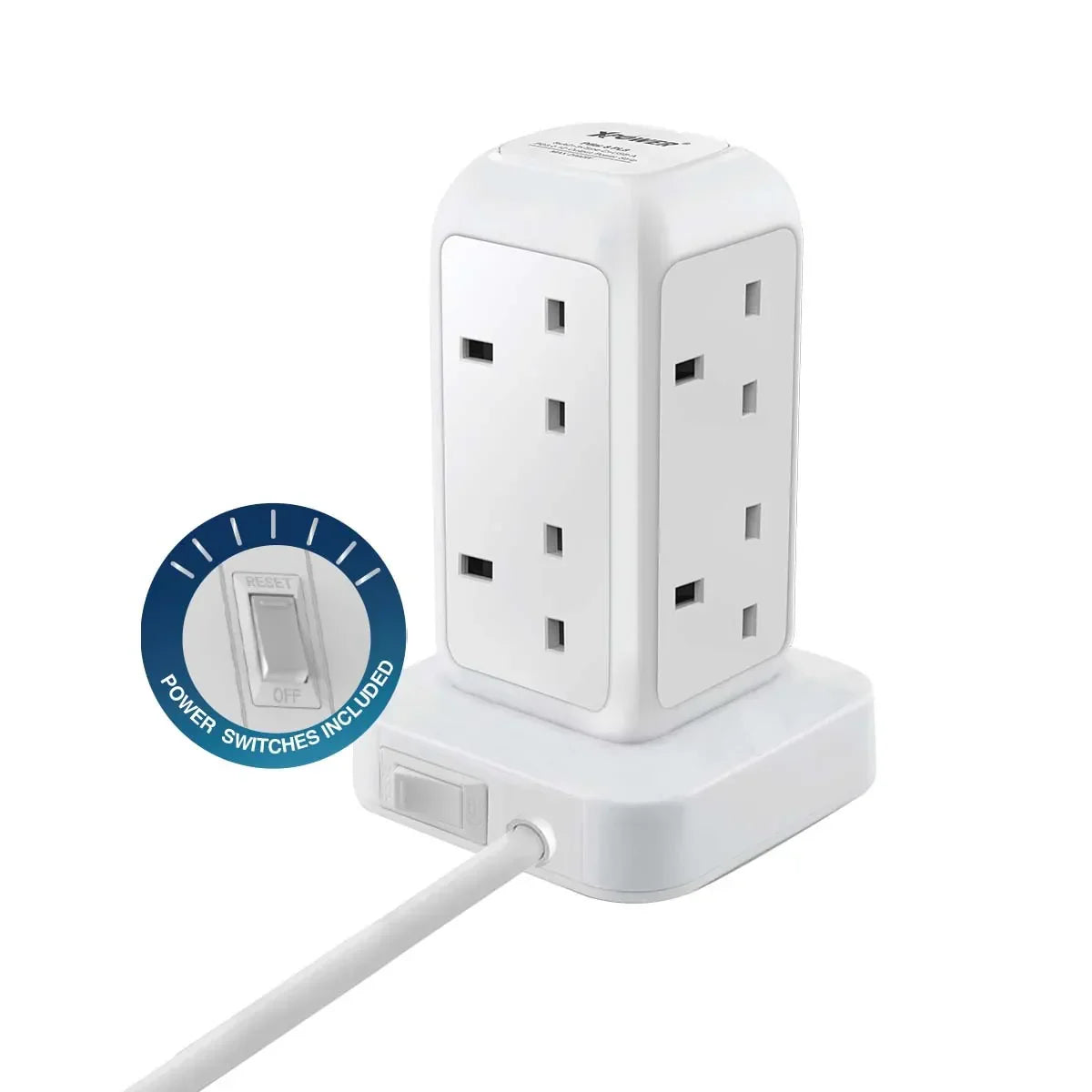 White multi-outlet power strip with built-in switches and reset button for home or office use