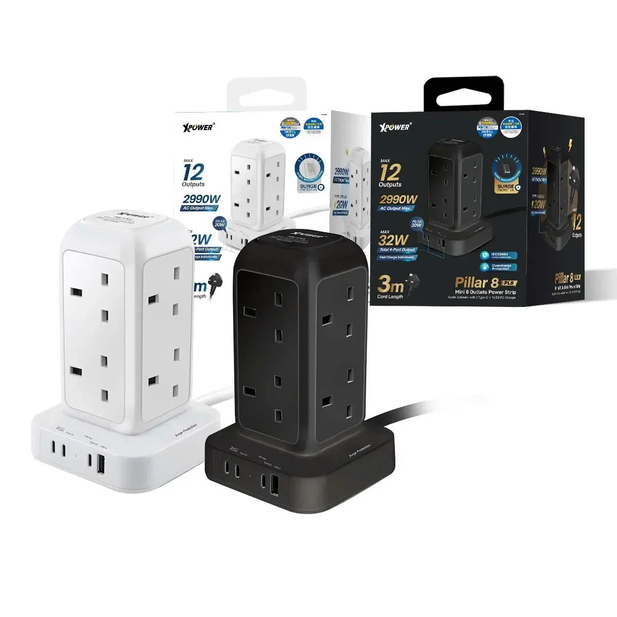 XPOWER Pillar 8 PL8 12-outlet power strip with USB ports, surge protection, 2990W max, 3m cord, white & black