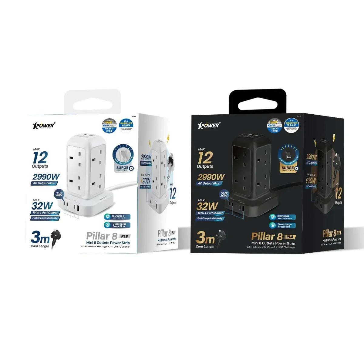 XPOWER Pillar 8 PL8 Mini 8 Outlets Power Strip with 3 Type-C + 1 USB PD Charger, 2990W, 3m Cord