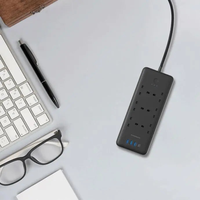 Powerology 48W 6AC 1x PD USB-C و3x QC USB-A قطاع الطاقة مع قابس المملكة المتحدة - أسود