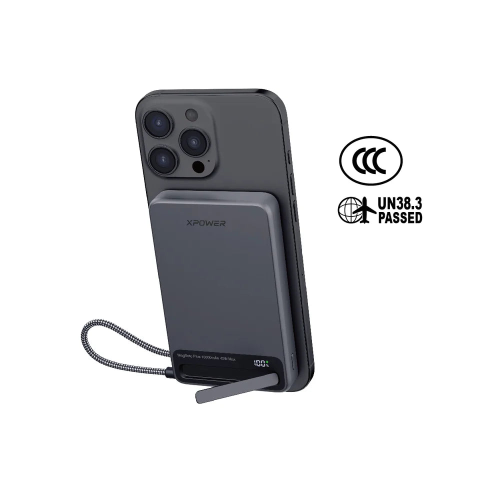 XPower MagNetoPlus Q10 Pro10000mAh 45W PD3.0 QI2 Aluminium Alloy Power Bank with 45W Type-C Cable & Stand CCC Safety - Gray