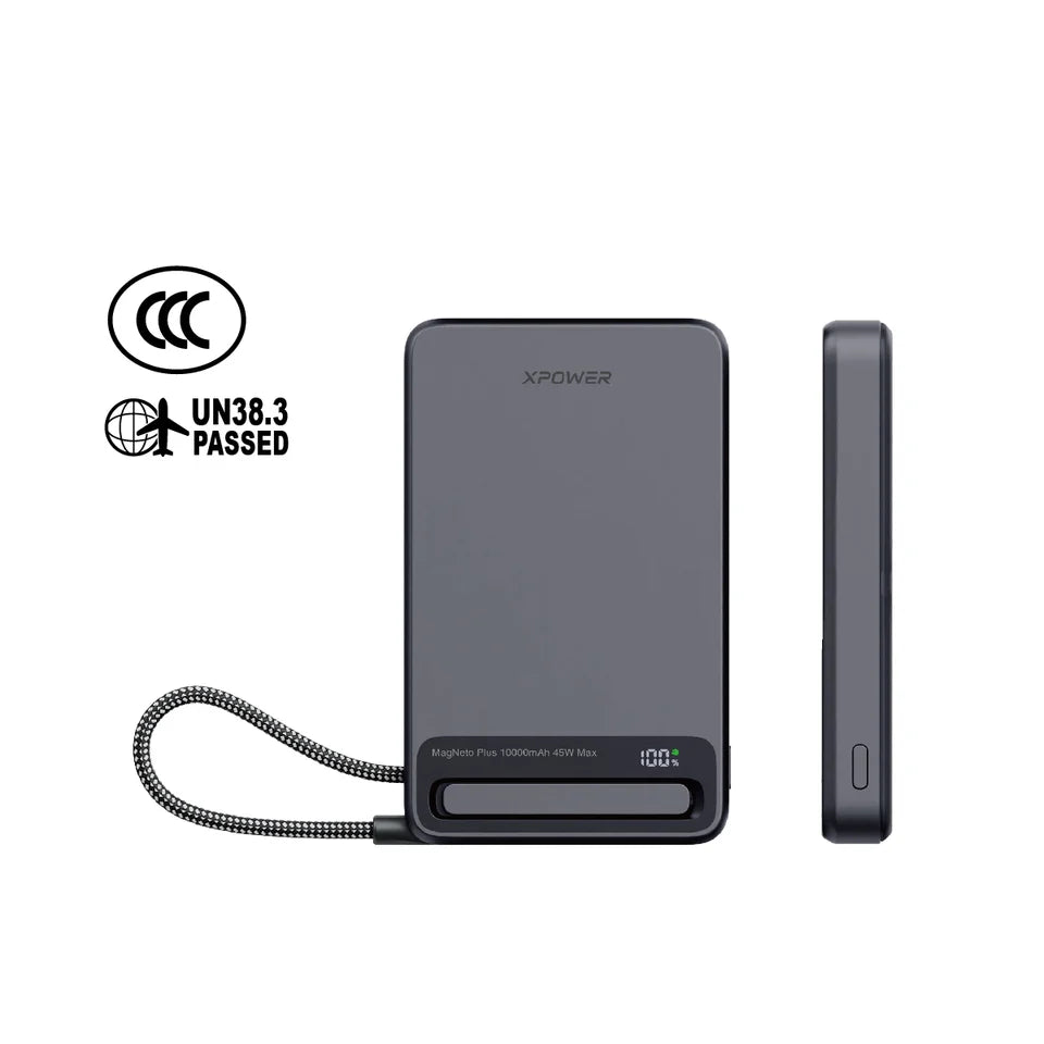 XPower MagNetoPlus Q10 Pro10000mAh 45W PD3.0 QI2 Aluminium Alloy Power Bank with 45W Type-C Cable & Stand CCC Safety - Gray
