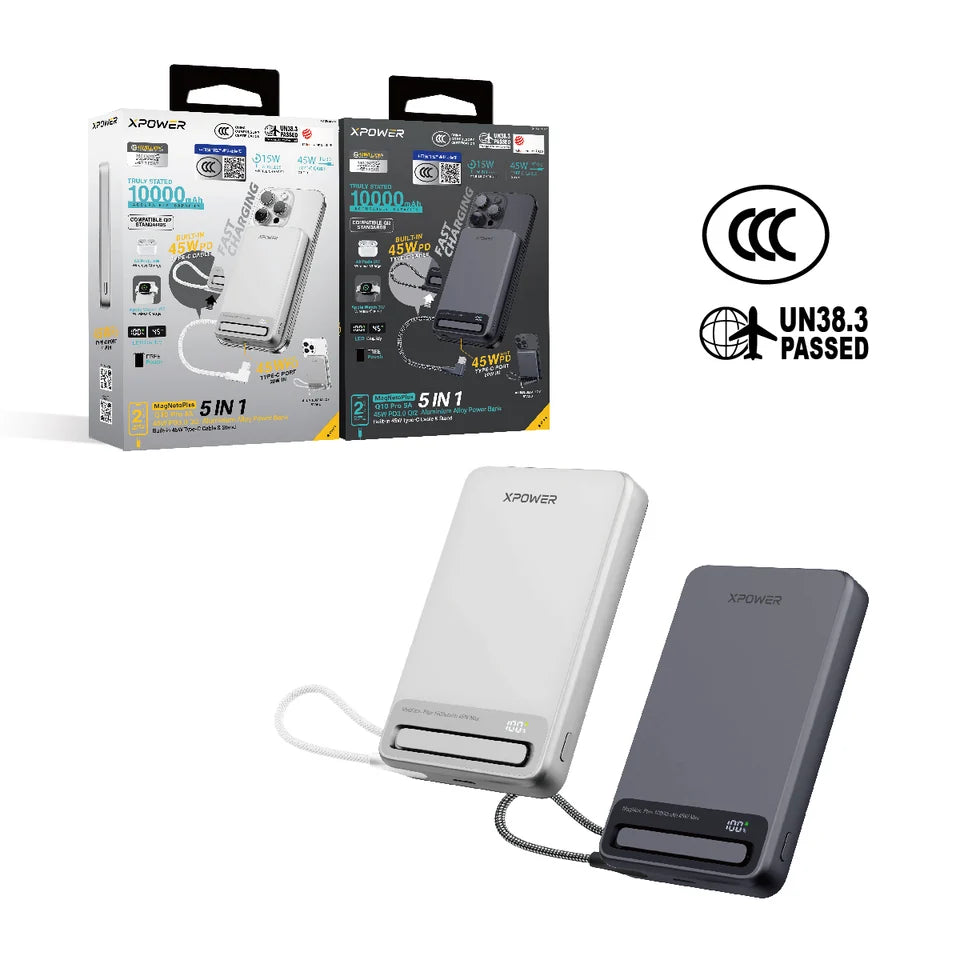 XPower MagNetoPlus Q10 Pro10000mAh 45W PD3.0 QI2 Aluminium Alloy Power Bank with 45W Type-C Cable & Stand CCC Safety - Gray