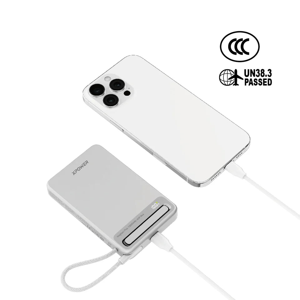 XPower MagNetoPlus Q10 Pro10000mAh 45W PD3.0 QI2 Aluminium Alloy Power Bank with 45W Type-C Cable & Stand CCC Safety - Silver