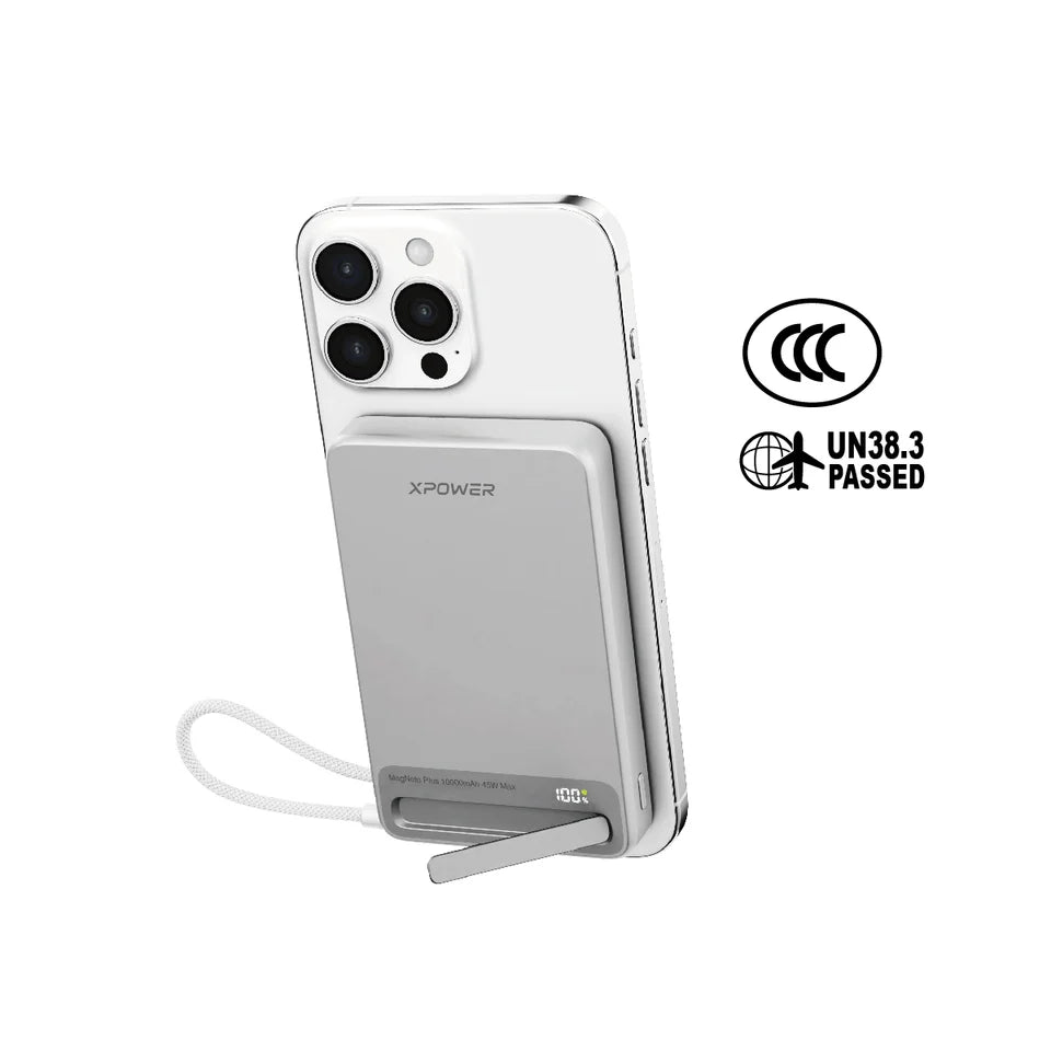 XPower MagNetoPlus Q10 Pro10000mAh 45W PD3.0 QI2 Aluminium Alloy Power Bank with 45W Type-C Cable & Stand CCC Safety - Silver