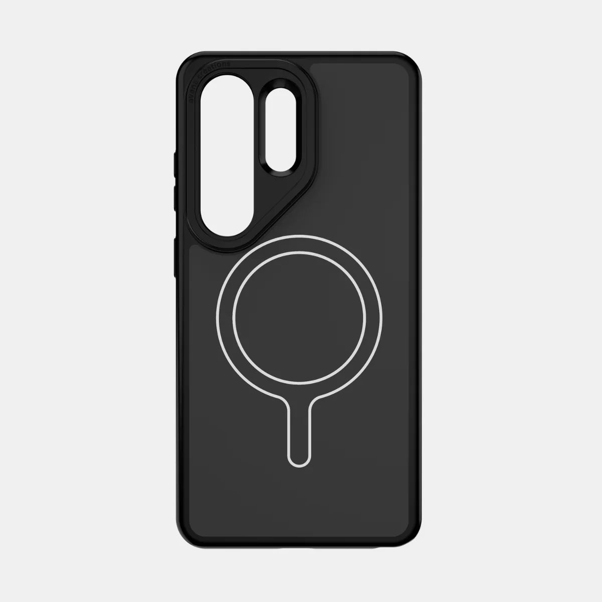 Black MagSafe-compatible phone case with minimalist white circular design for wireless charging