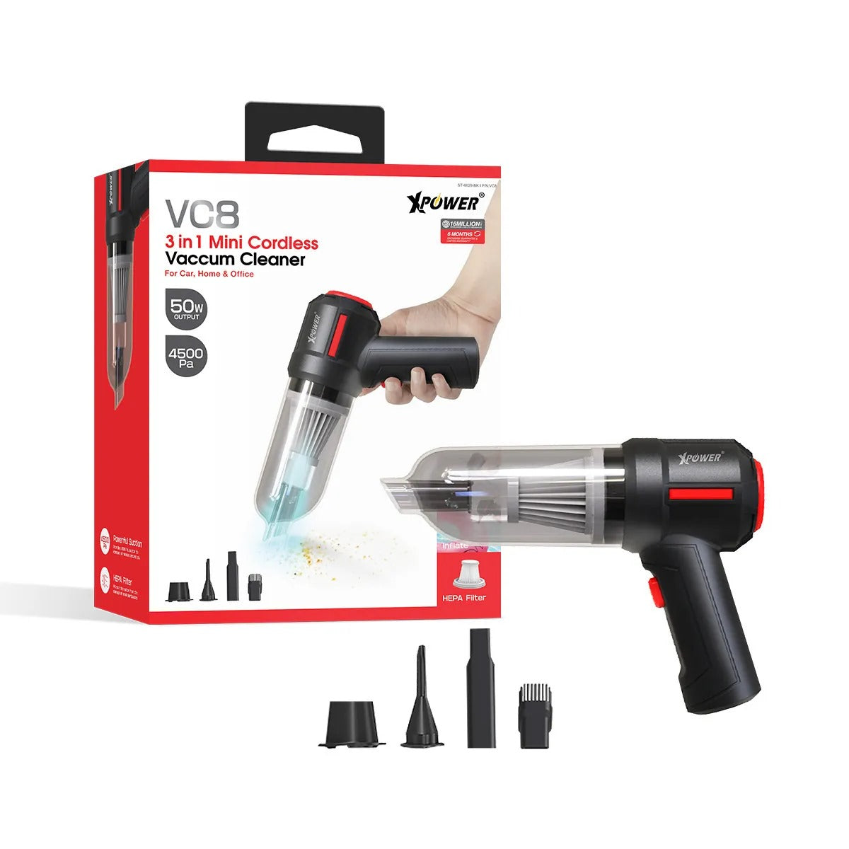 XPower VC8 3 In 1 Mini Wireless Vacuum Cleaner + Pump 4000mAh Battery - Black