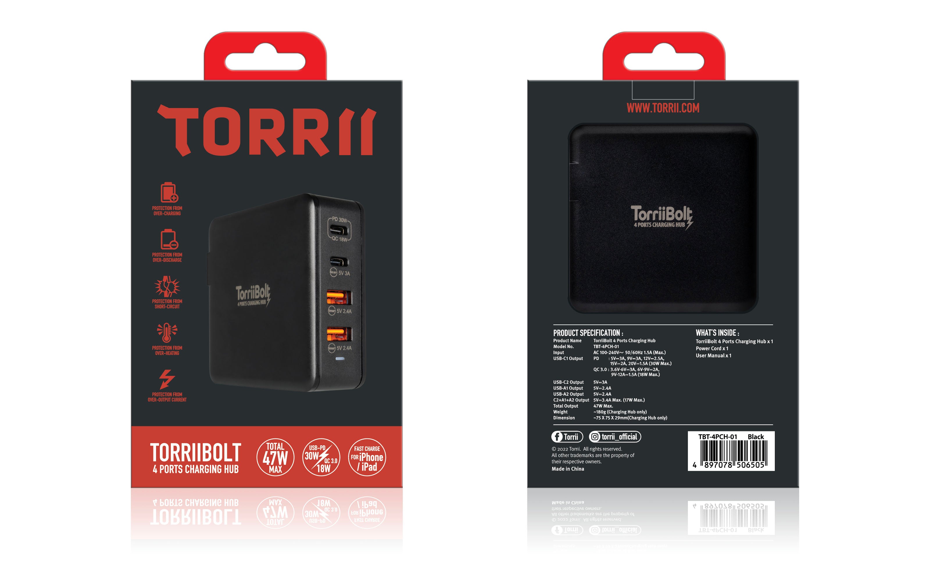 Torrii Bolt 4 Port Charging Hub with 2 USB-C  & 2 USB-A QC 3.0 - Black