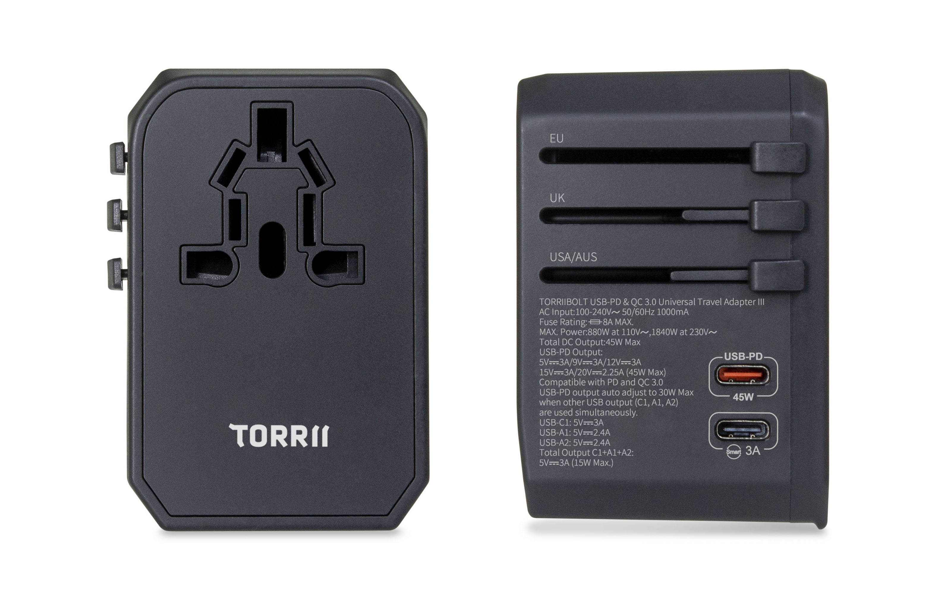 TorriiBolt 45W USB-PD & QC 3.0 Universal Travel Adapter III – Black
