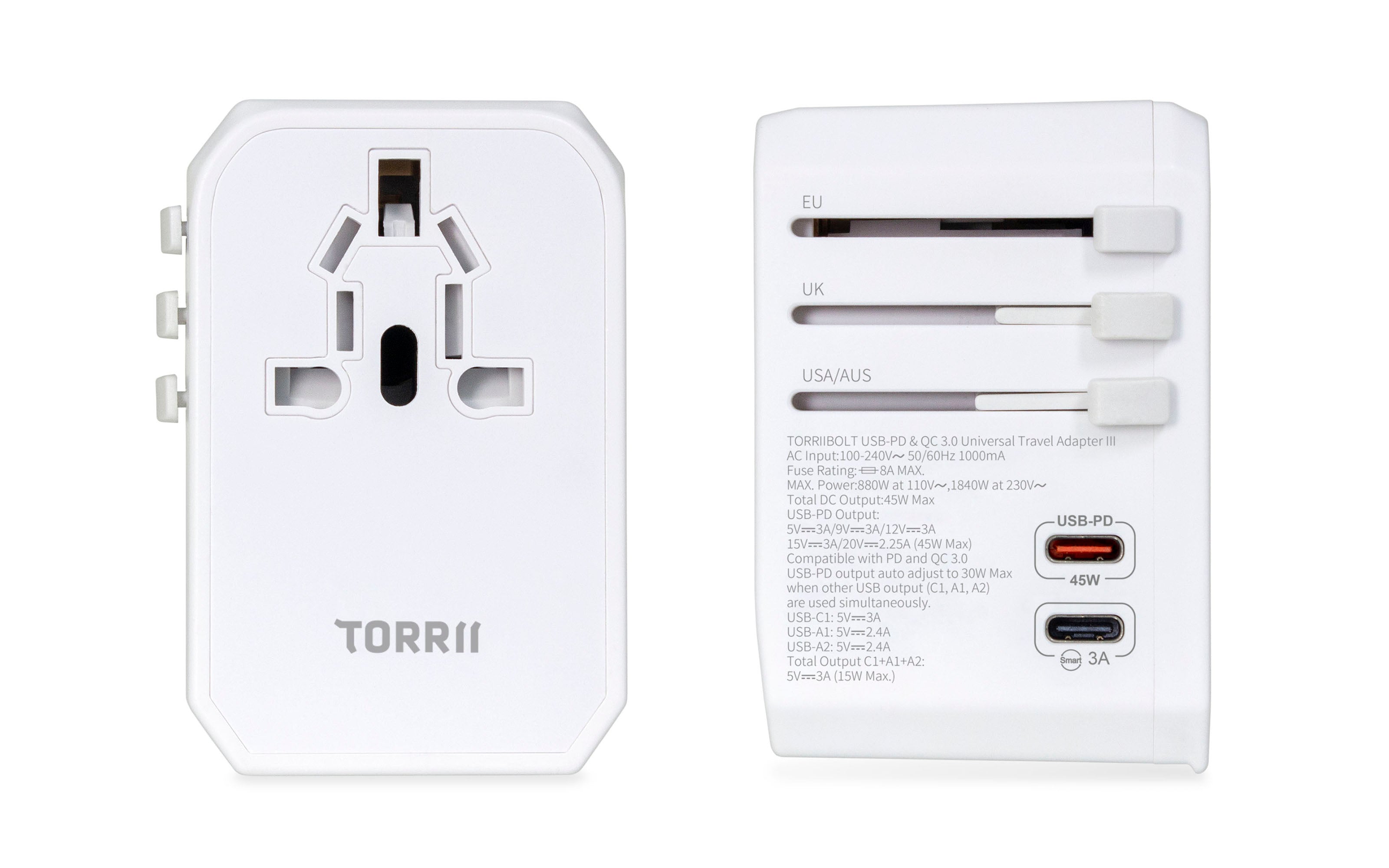 TorriiBolt 45W USB-PD & QC 3.0 Universal Travel Adapter III – White