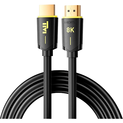 Black HDMI 8K cable with gold-plated connectors and yellow branding, shown coiled on a white background.