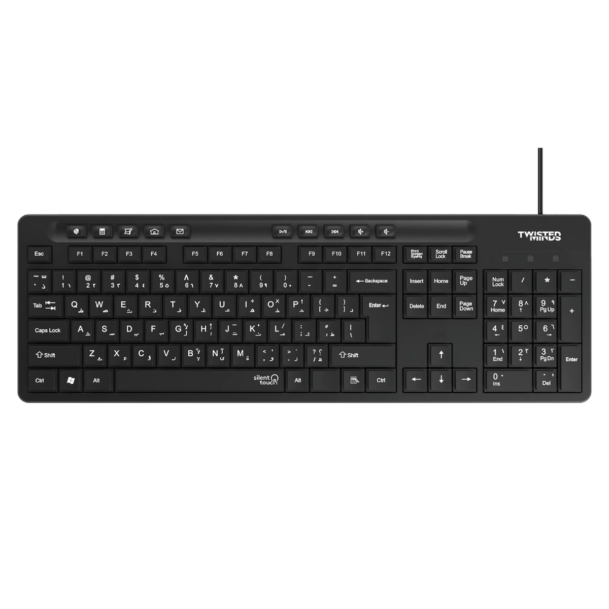 A black computer keyboard with white lettering and a single antenna, shown against a plain white background. The brand name 'TWISTED MINDS' is visible in the top right corner of the keyboard.