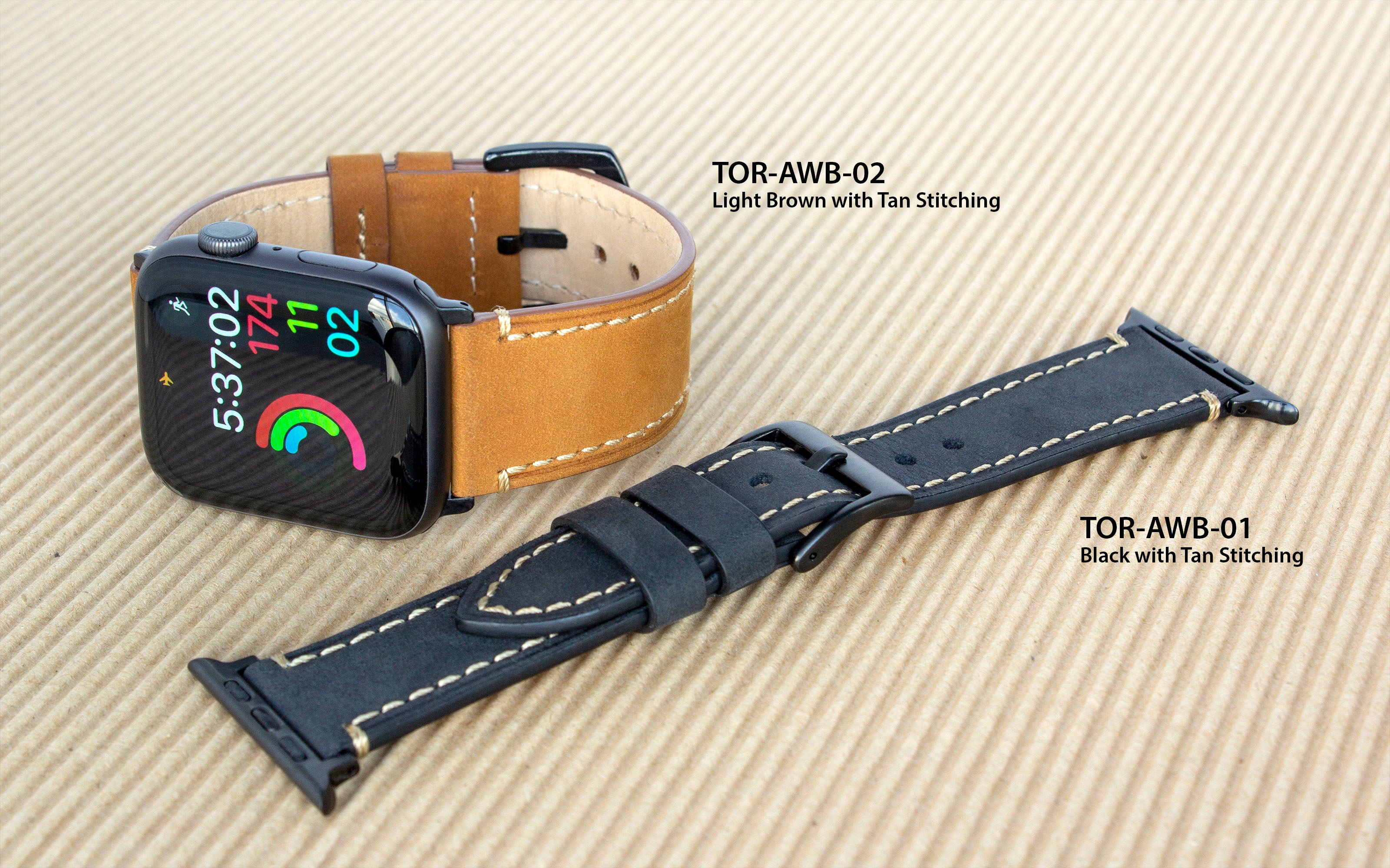 Torrii Apple Watch - سوار جلد 49/ 45/ 44 /42 ملم - جلد أسود مع خياطة باللون البني المصفر