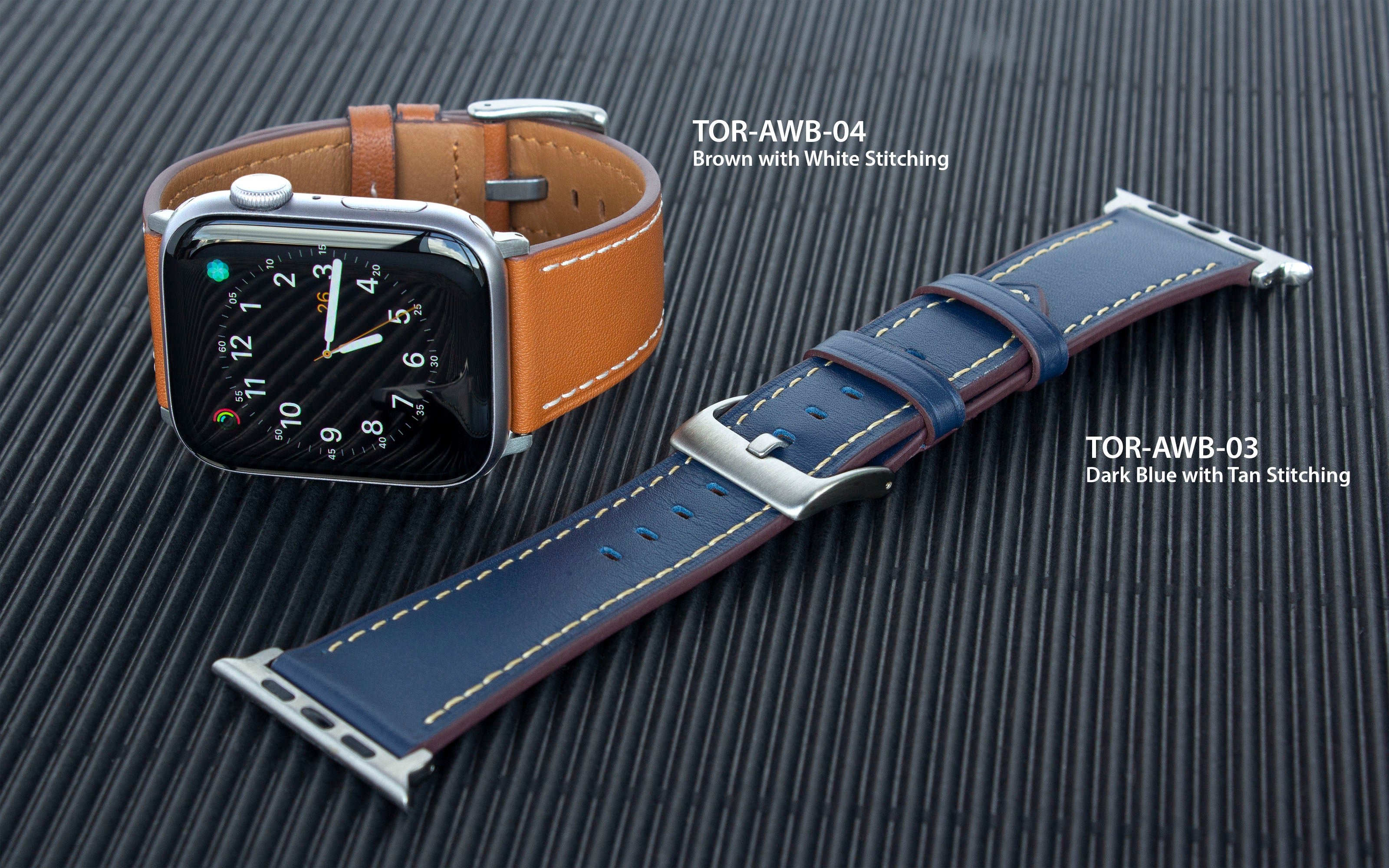 Torrii Apple Watch Leather Band 49/ 45/ 44 /42 mm - Dark Blue Leather With Tan Stitching