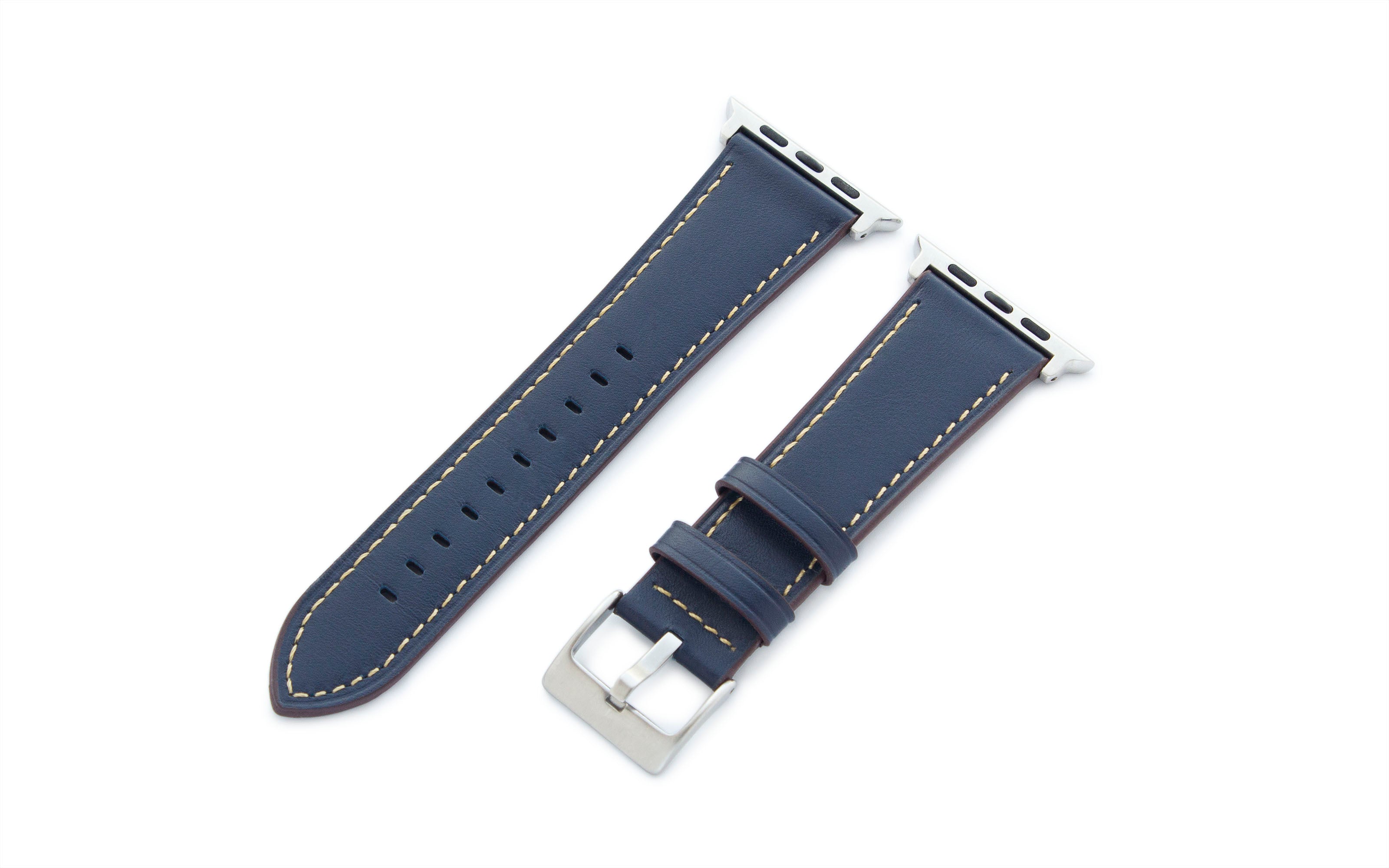 Torrii Apple Watch Leather Band 49/ 45/ 44 /42 mm - Dark Blue Leather With Tan Stitching