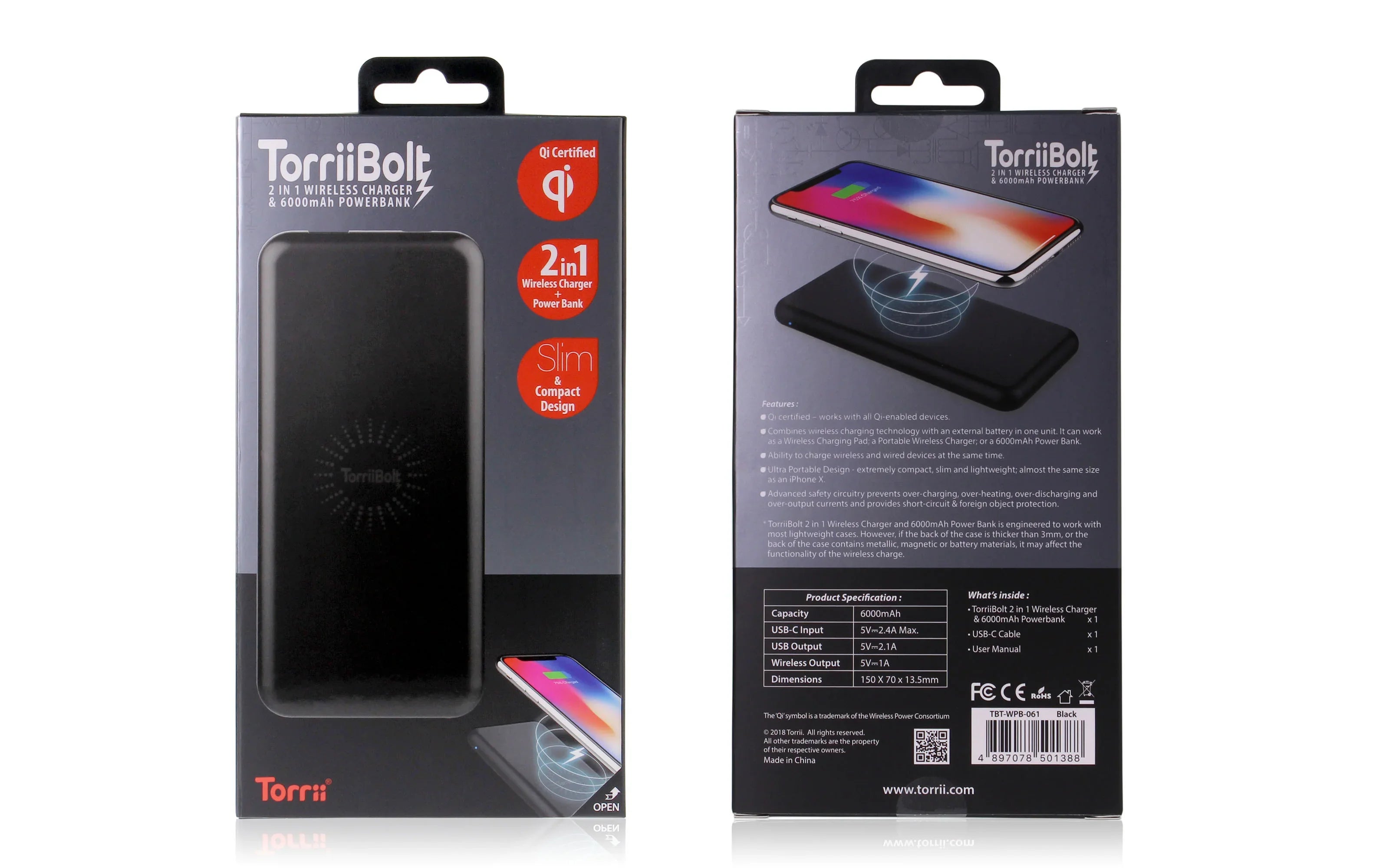 Torrii Bolt 6000Mah 2 In 1 Wireless Powerbank - Black - Tashqila