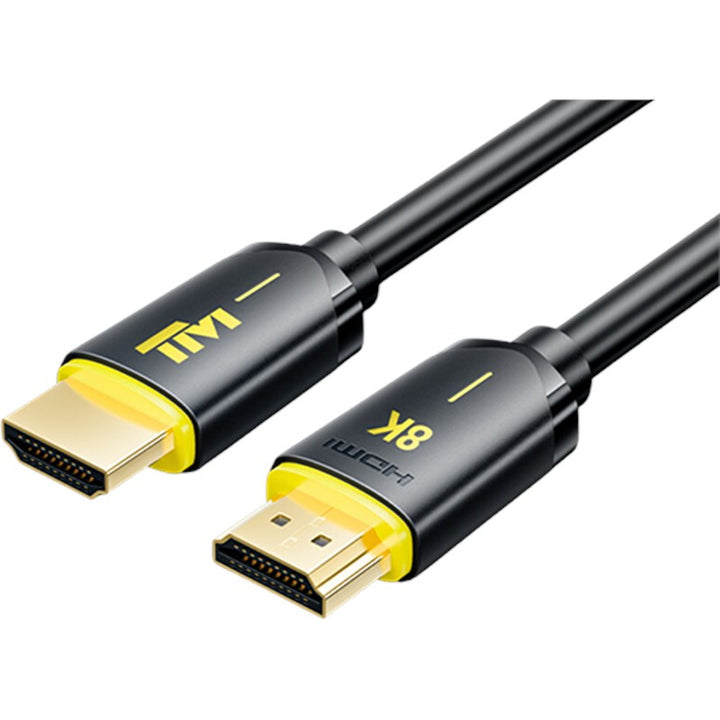 Black HDMI 8K cable with gold-plated connectors and yellow branding details, shown coiled on a white background.