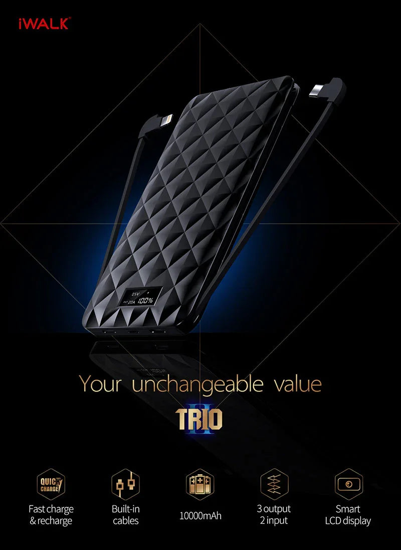 iWalk Trio 2 10000mAh With In-Built Cables - Black - Tashqila