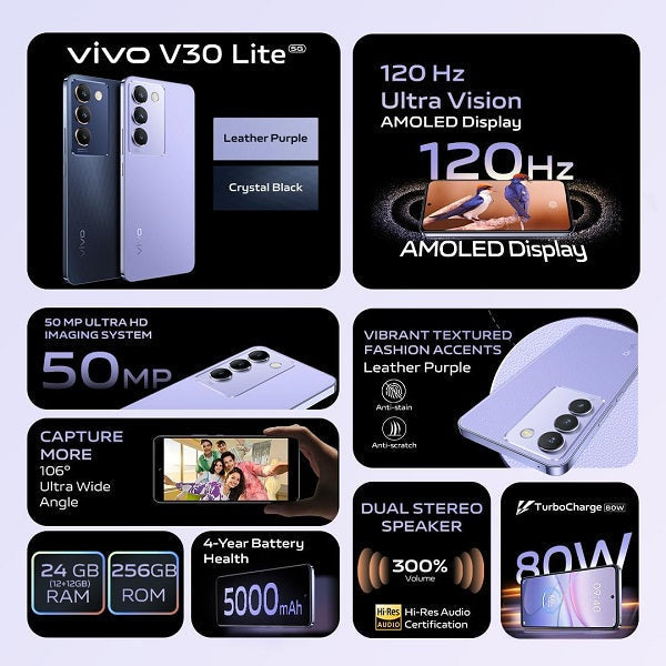 Vivo Mobile V30 Lite 12GB 256GB 5G - Crystal Black