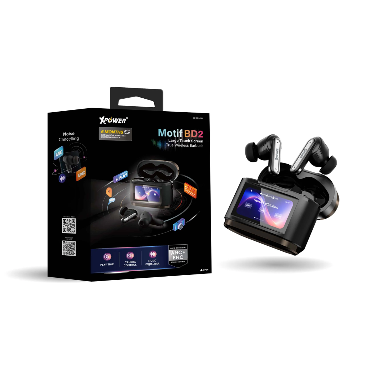 Xpower Motif Noise Cancelling TWS Bluetooth Earbuds with Display, Black