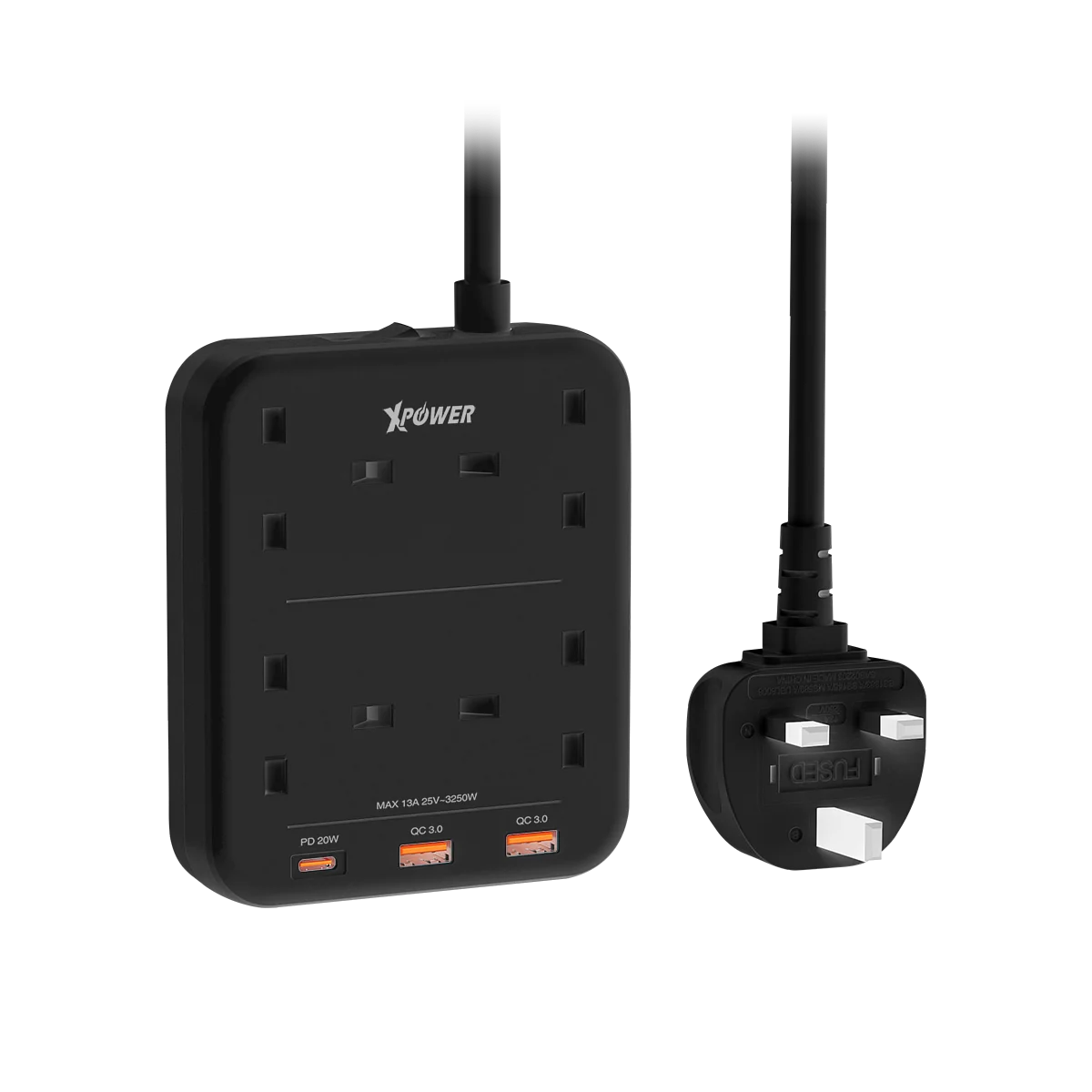 XPower 3250W Power Strip 7 Output (2 Usb + 1 Type-C + 4 Uk Sockets) - Black