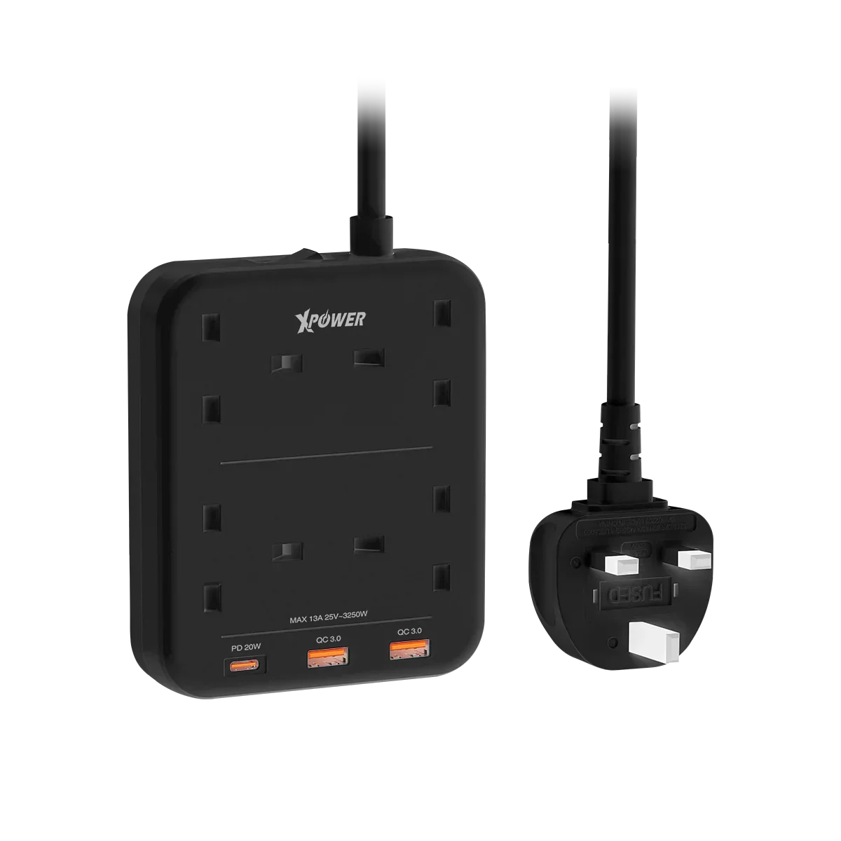 شريط طاقة XPower بقوة 3250 واط، 7 منافذ (2 منفذ USB + منفذ Type-C + 4 منافذ كهربائية بريطانية) - أسود